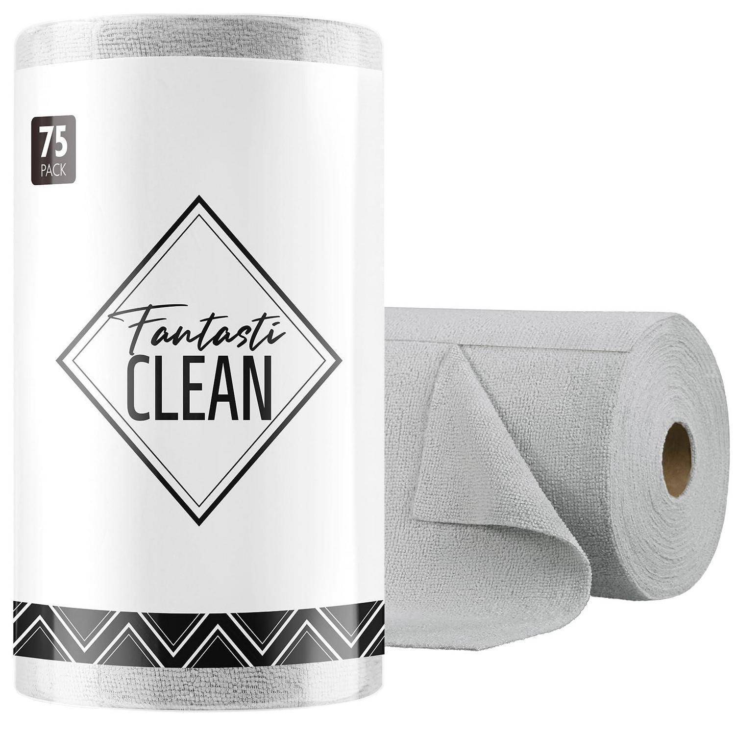 Packung Fantasti Clean Papiertücher, 75er-Pack, dargestellt mit einer Rolle neben der zylindrischen Verpackung.