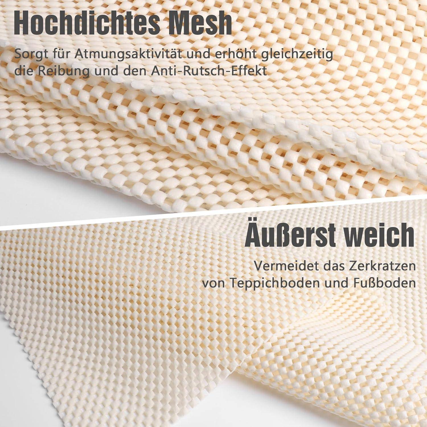 Nahaufnahme eines beigen Netzstoffs, der in zwei Paneele aufgeteilt ist; deutscher Text hebt hohe Atmungsaktivität, rutschfeste Griffigkeit und sehr weiche Oberfläche hervor, die Kratzer auf dem Boden vermeidet.