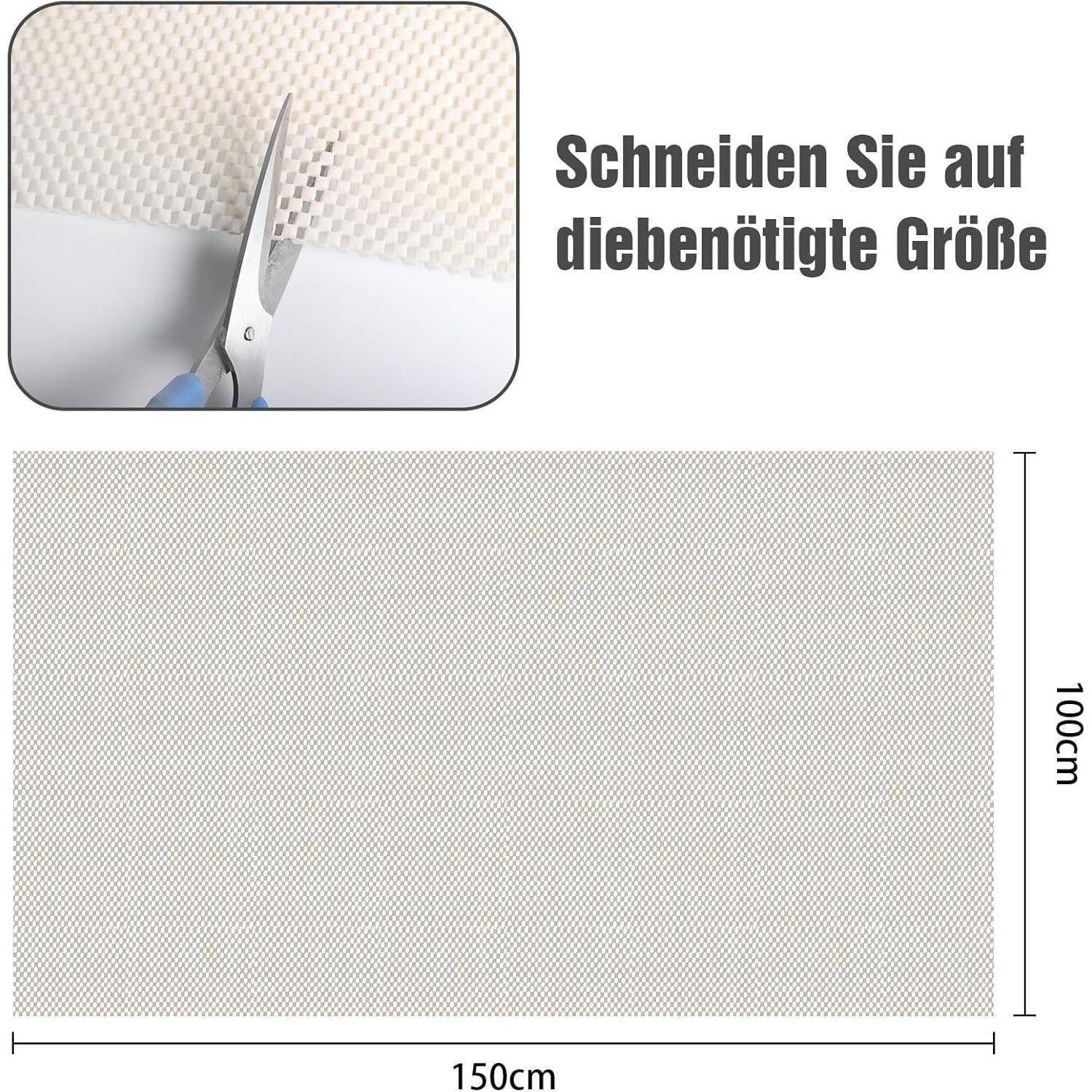 Instruction graphic showing scissors cutting material to size, with a 150 cm by 100 cm sheet and German text 'Schneiden Sie auf die benötigte Größe
