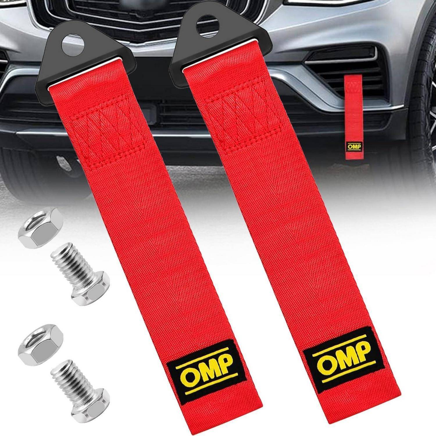 Rote OMP-Abschleppseile mit Bolzen und Muttern, die an der Vorderseite einer Autostoßstange angebracht sind, wobei ein Paar von Bergungsseilen zum Abschleppen von Fahrzeugen gezeigt wird.