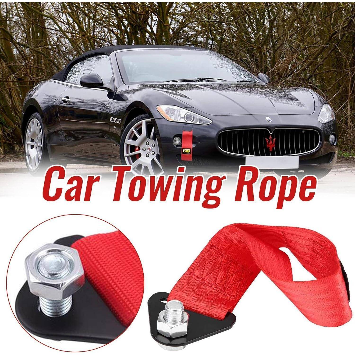 Werbebild eines roten Autoschleppseils, das an einem Auto befestigt ist, mit Nahaufnahme der Metallbolzenverbindung und dem Text „Car Towing Rope