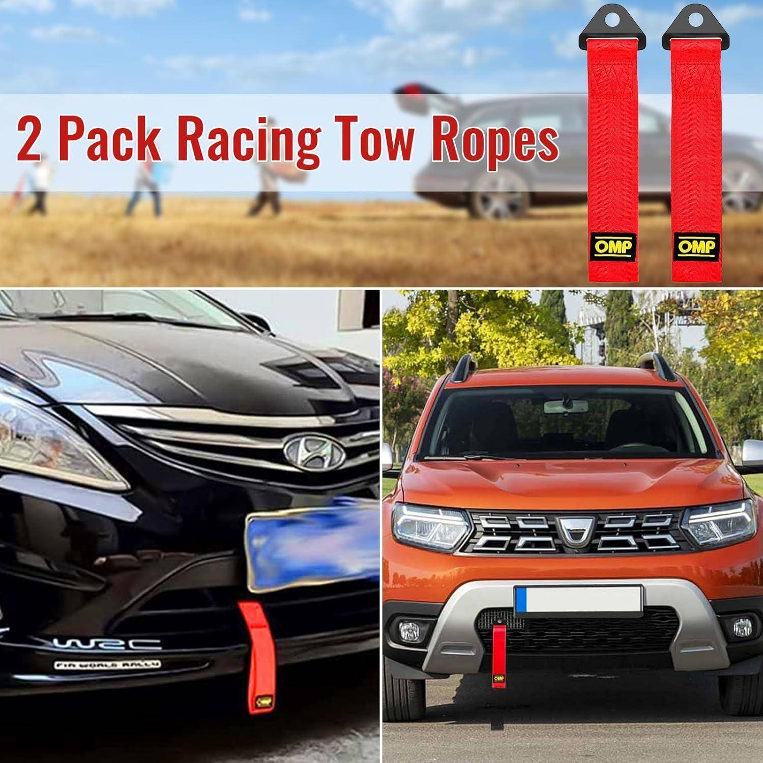 Anzeige für '2er Pack Racing Abschleppseile' mit zwei roten Abschleppgurten und Beispielinstallationen an Stoßfängern vorne am Auto.