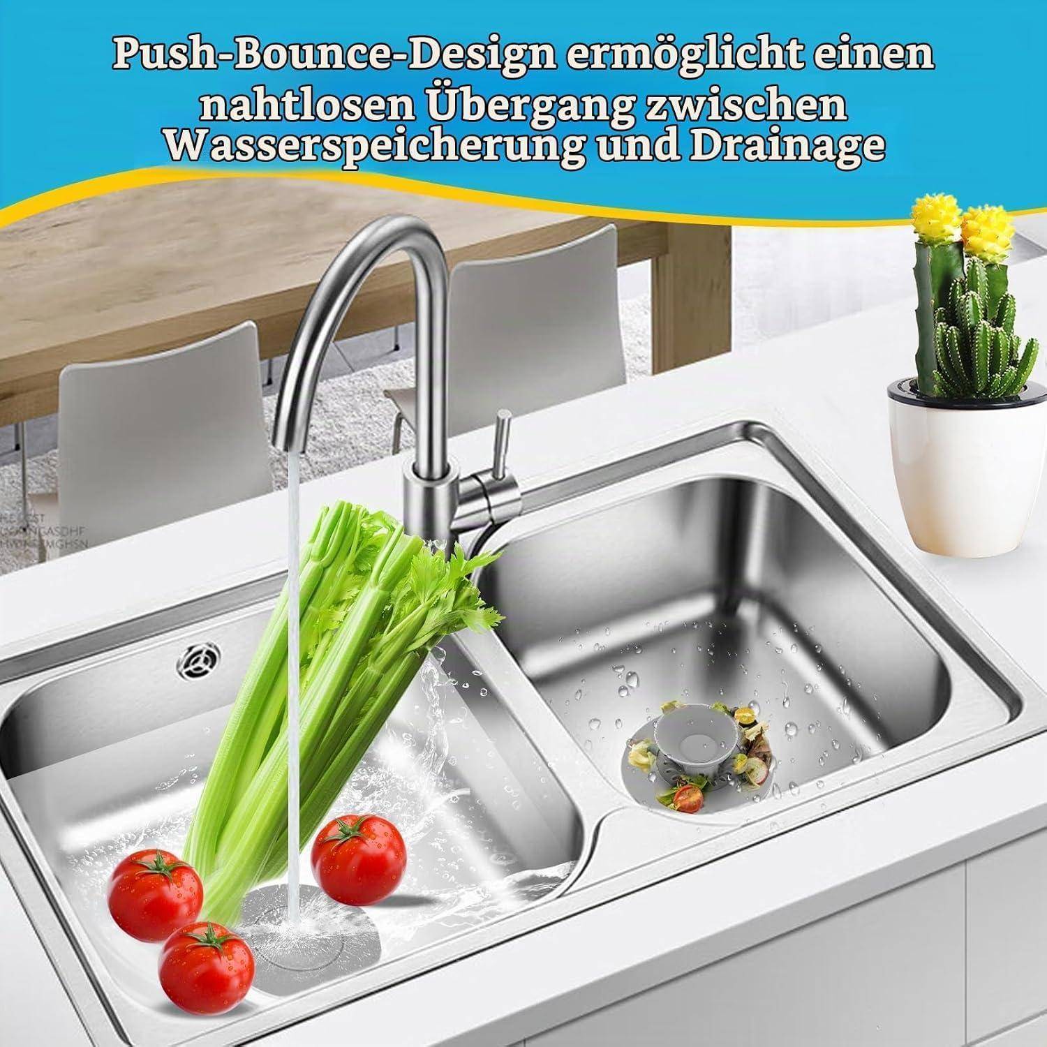Küchenspüle mit Wasserhahn, aus dem Wasser zwischen einem linken Spülbecken mit Gemüse und einem rechten Spülbecken mit Tellern fließt, mit deutschem Text über nahtlose Lagerung und Entwässerung.