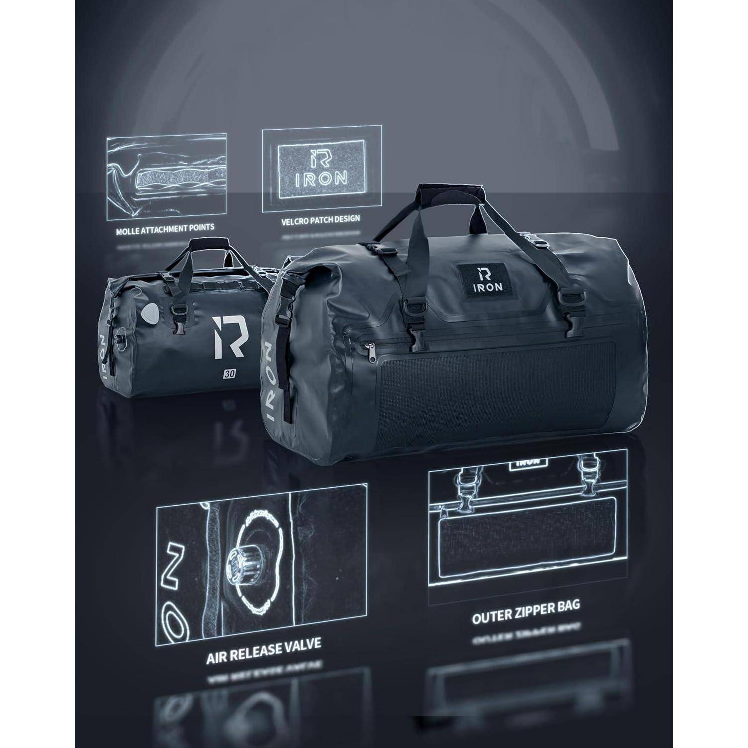 Zwei schwarze Reisetaschen mit IRON-Branding und Funktionsmerkmalen für MOLLE-Befestigungspunkte, Klettverschluss-Design, Luftablassventil und externe Reißverschlusstasche.