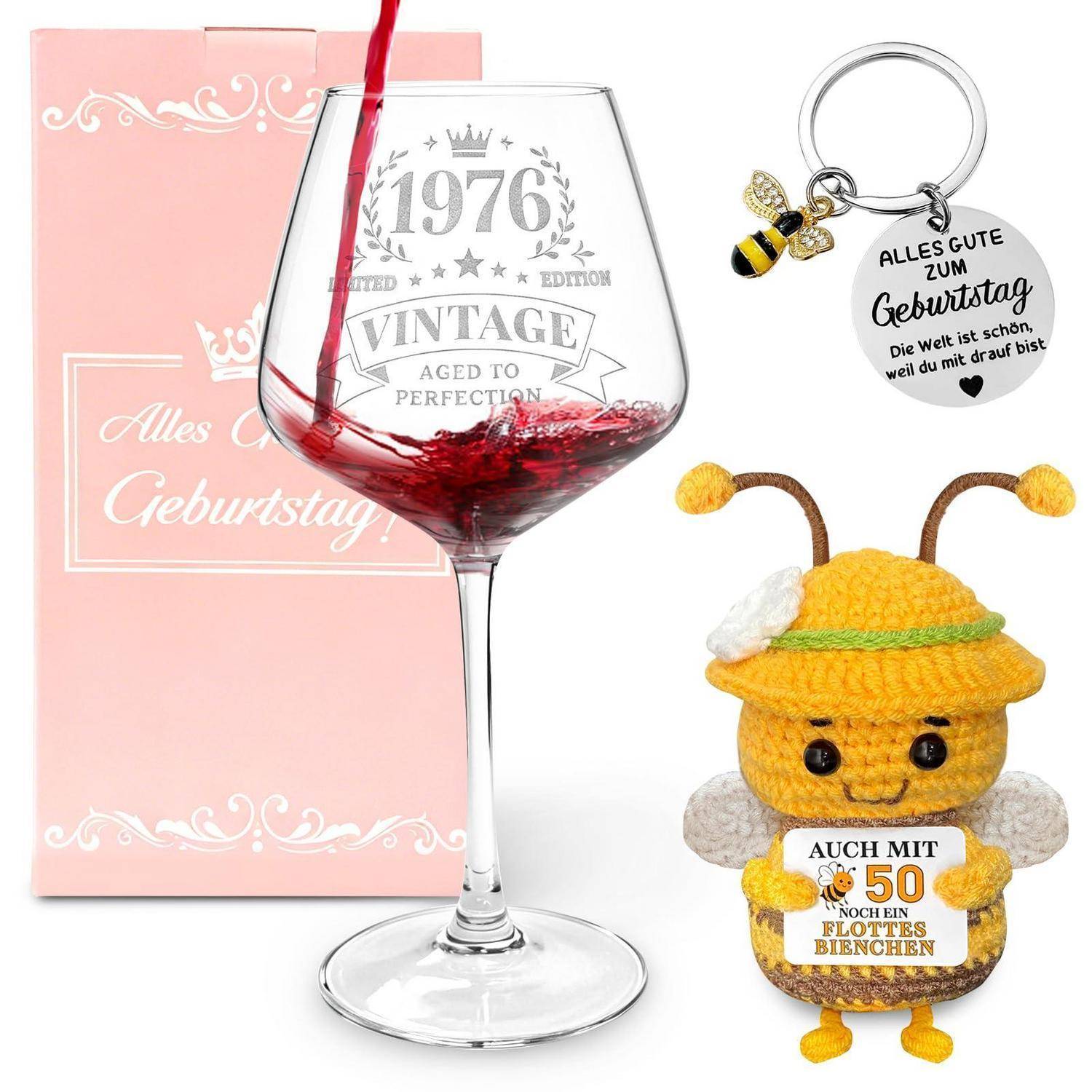 Geburtstagsgeschenkset mit einem Weinglas, rosafarbener Karte „Alles Gute zum Geburtstag