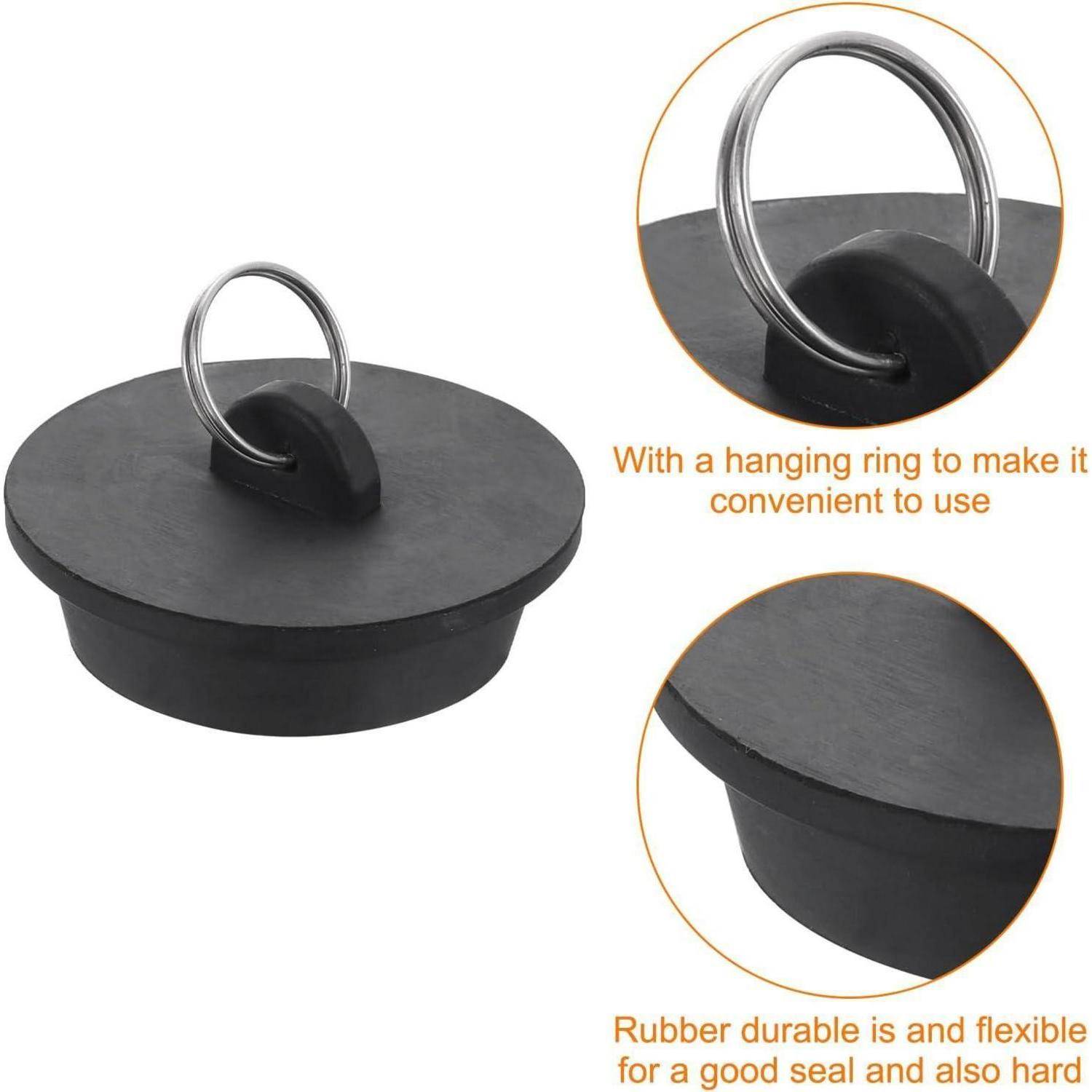 Schwarzer runder Gummidecker mit metallischem Aufhängerring, gezeigt mit vergrößerten Ausschnittdetails, die den Ring und das flexible, langlebige Material hervorheben.