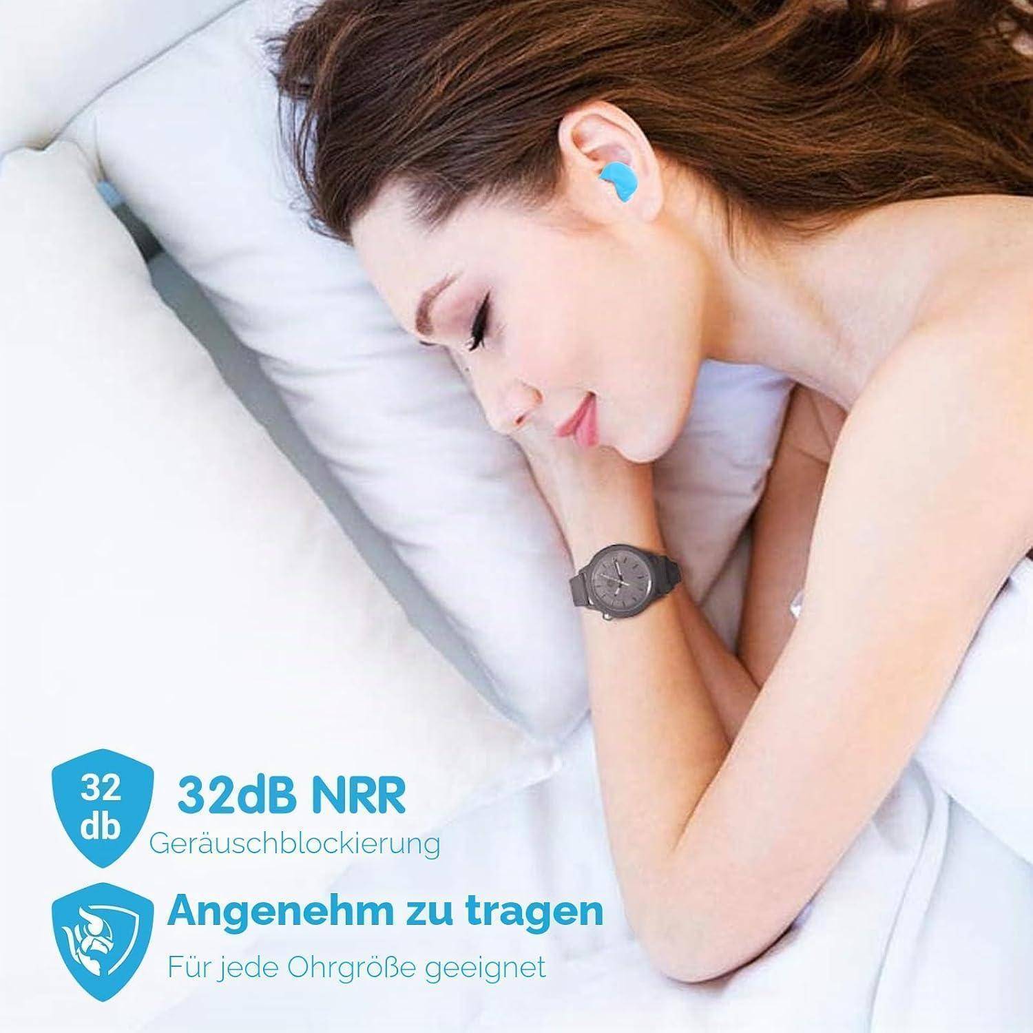 Schlafende Frau mit Ohrstöpseln, mit Text, der „32 dB NRR