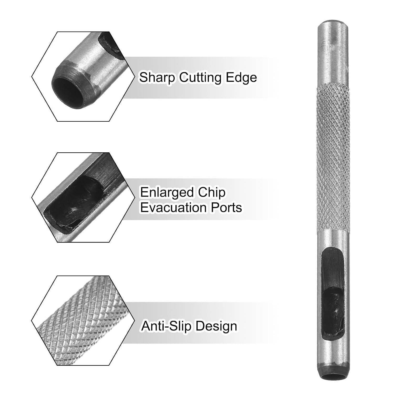 Kommentiertes Bild eines Metallhandwerkzeugs mit einer scharfen Schneidkante, vergrößerten Spanabfuhröffnungen und einem rutschfestem Riffelgriff.