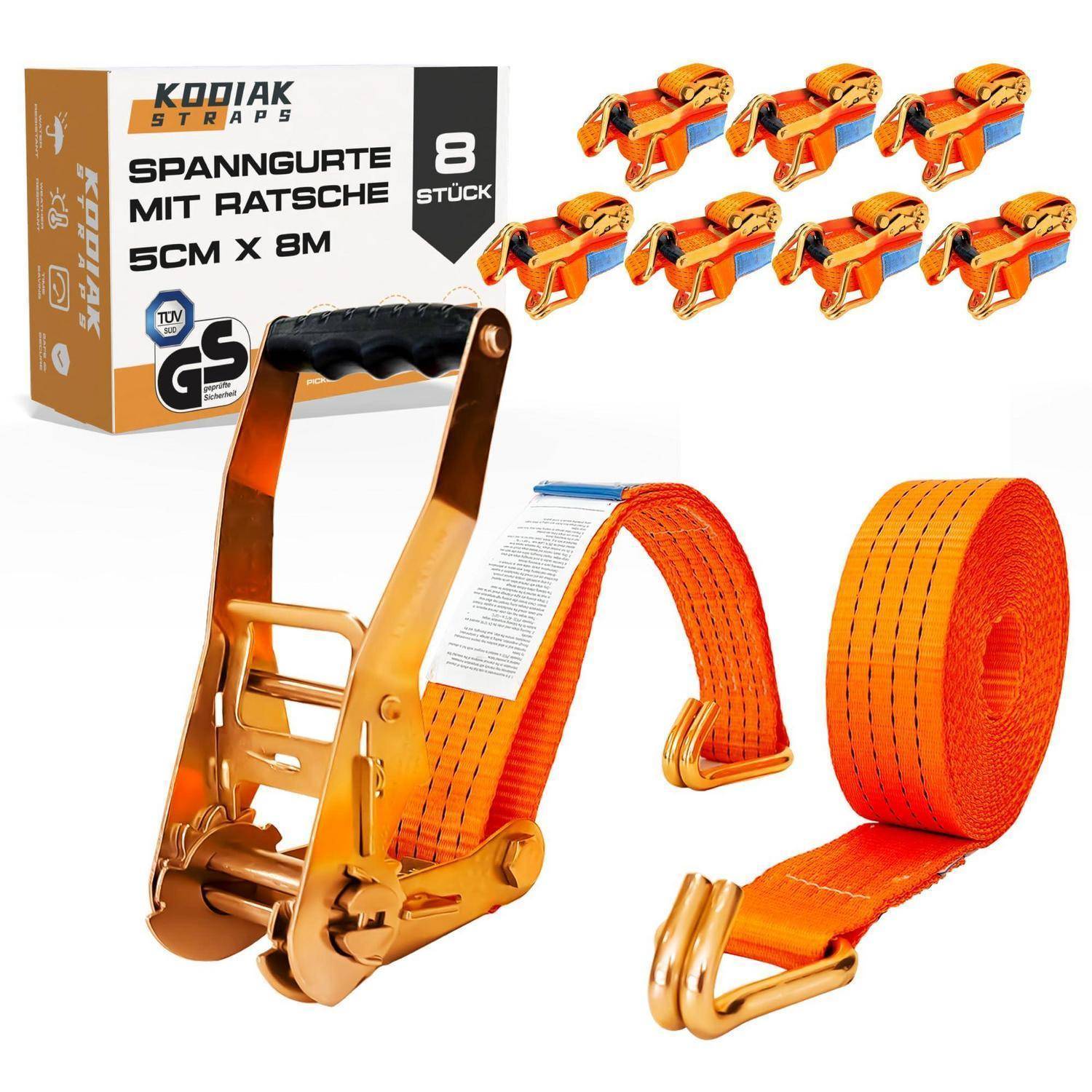 Kodiak Straps Ratschenverschluss-Set zum Festzurren, 8 Stück, 50 mm x 8 m, abgebildet mit orangefarbenen Gurten und Metall-Ratschenverspanner, in Produktverpackung.