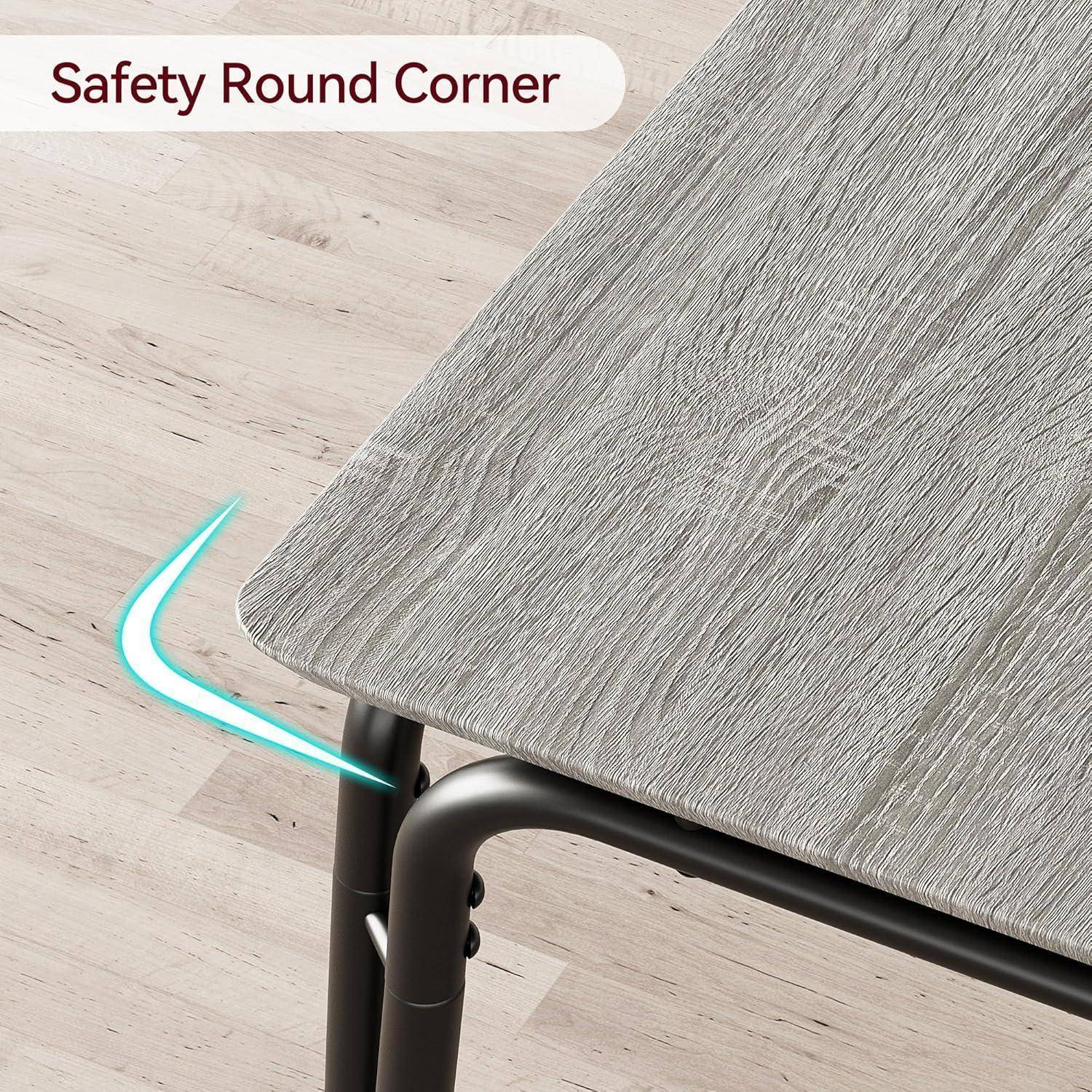 Nahaufnahme einer Tischkante mit abgerundeter Sicherheitskante und Text „Safety Round Corner