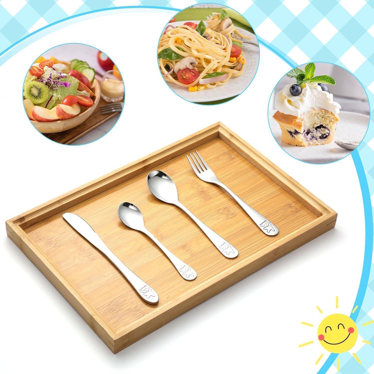 Holzserviertablett mit Messer, Löffel, Suppenlöffel und Gabel, mit Beispielfotos von Speisen oben, die die Verwendung für Mahlzeiten und Desserts zeigen.
