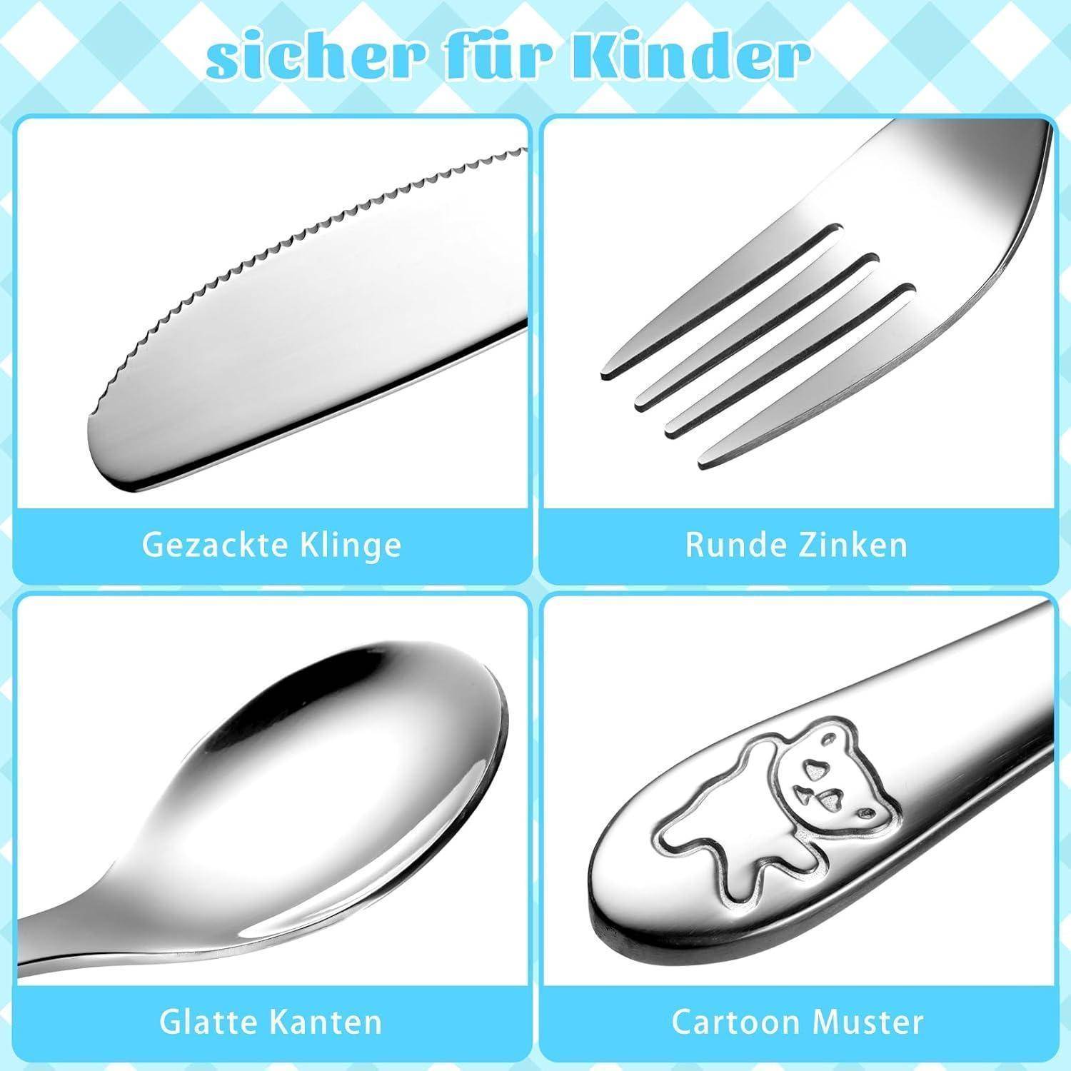 Deutsches Sicherheitsdiagramm mit kinderfreundlichen Besteckmerkmalen: Sägemesser, abgerundete Gabelzinken, glatte Kanten und Cartoon-Muster.