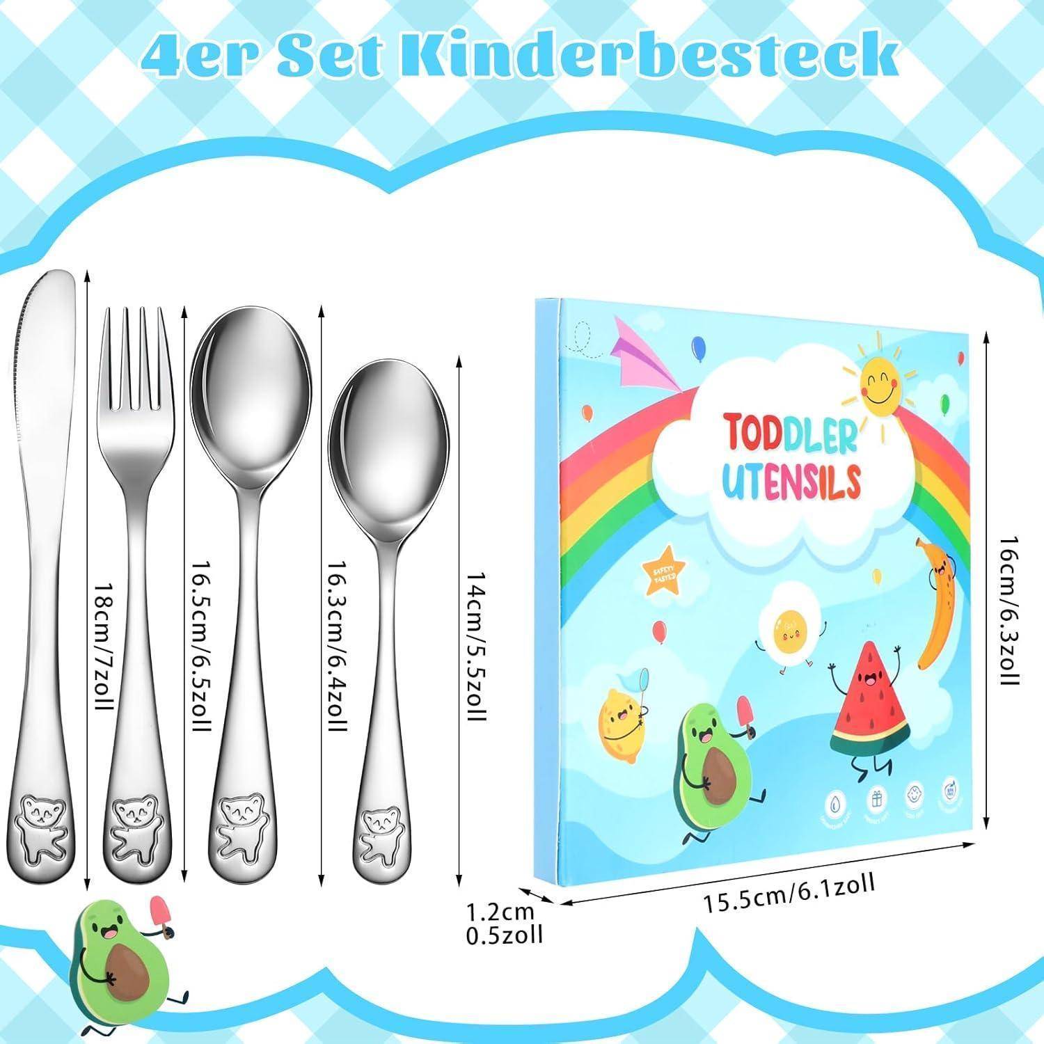 Produktbild eines vierteiligen Bestecksets für Kleinkinder mit Löffel, Gabel, Messer und Teelöffel, gezeigt mit Abmessungen und farbenfroher Verpackung „Kleinkinder-Besteck