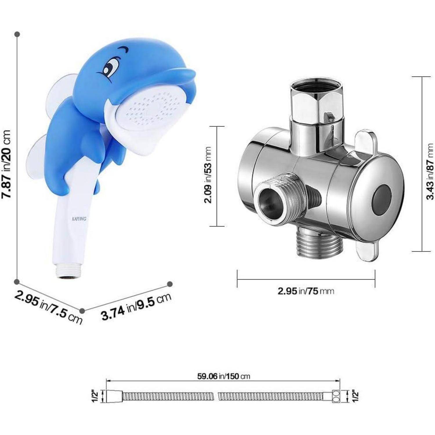 Produktvergleichsbild mit einem walthematischen tragbaren Duschkopf in Blau und einem Umschaltventil aus Chrom, mit beschrifteten Abmessungen für jeden Artikel und einem flexiblen Schlauch, der auf 59,06 Zoll (150 cm) gemessen wird.
