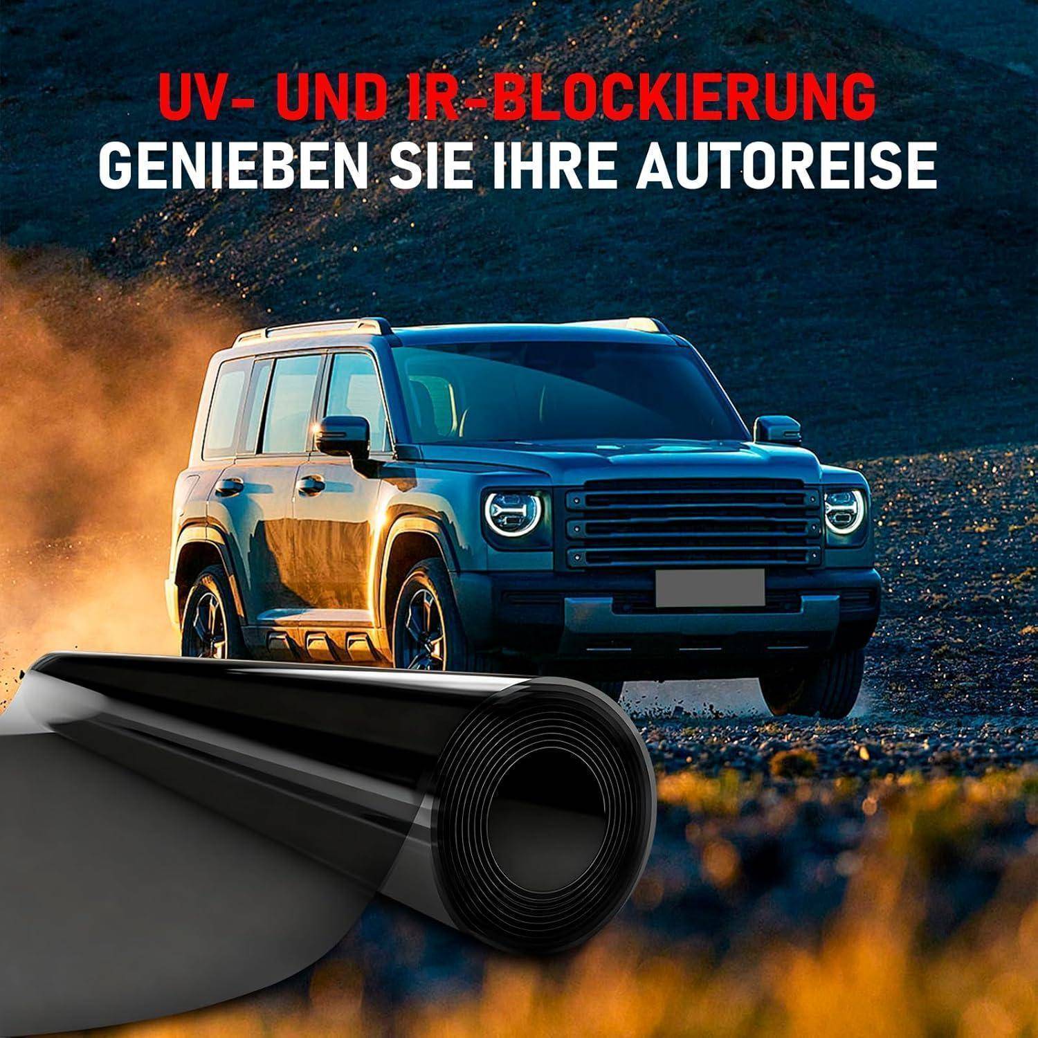 # Off-Road-SUV mit Fensterfolie-Rolle; Text sagt „UV- UND IR-BLOCKIERUNG