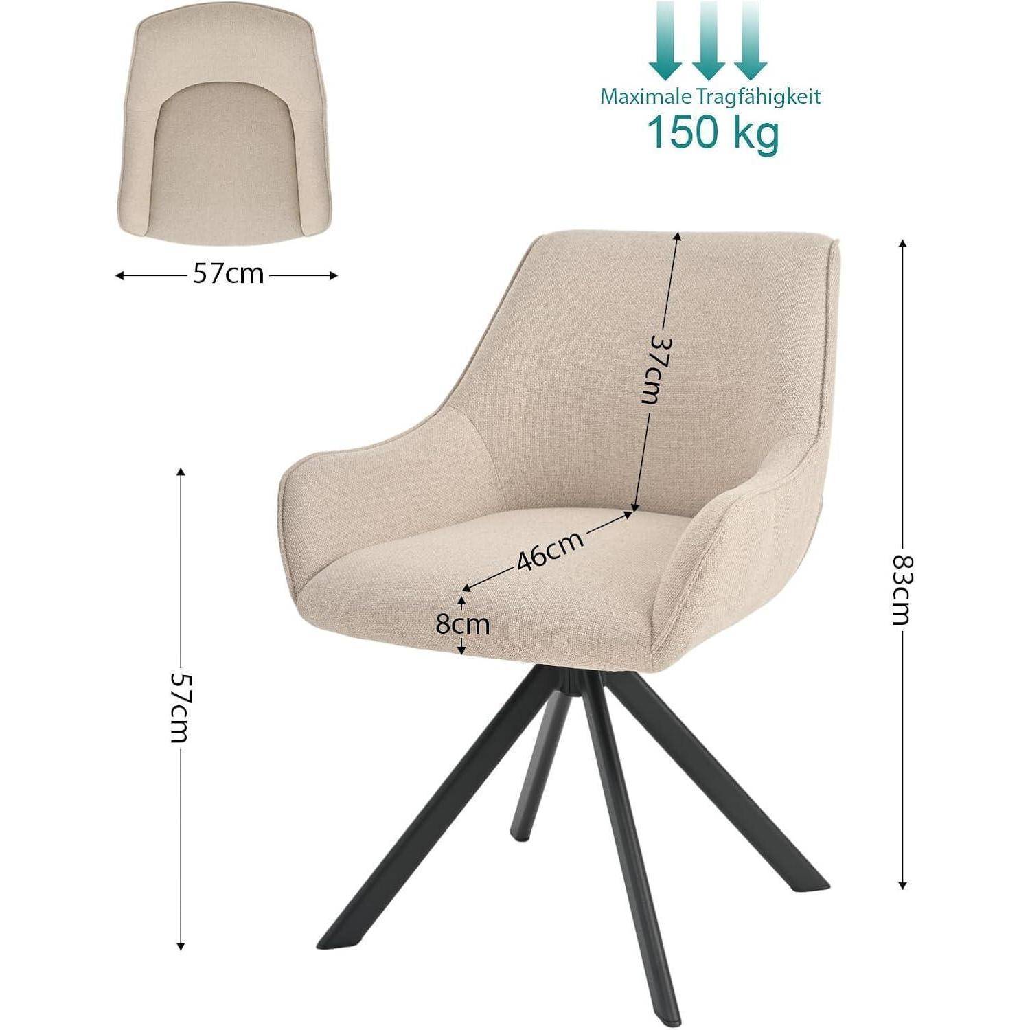 Beigefarbener gepolsterter Drehstuhl mit schwarzen Metallbeinen, gezeigt mit den Abmessungen 57 cm Breite, 83 cm Höhe, 46 cm Sitztief, 37 cm Rückenlehne, und max. 150 kg Belastung.
