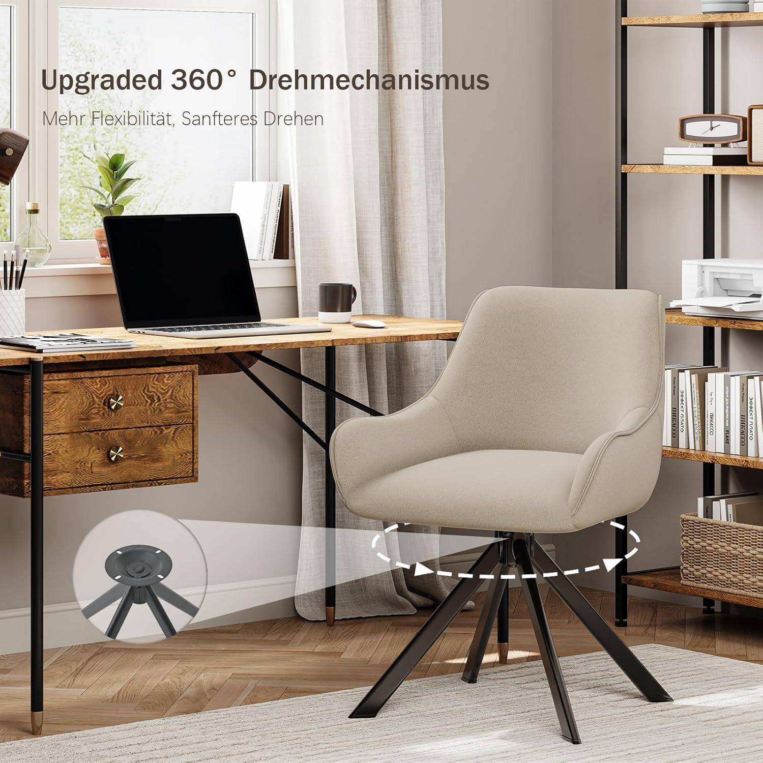 Beige gepolsterter Drehstuhl in einem Homeoffice, gezeigt mit einer 360°-Drehbasis und deutschem Text „Verbesserter 360°-Drehmechanismus
