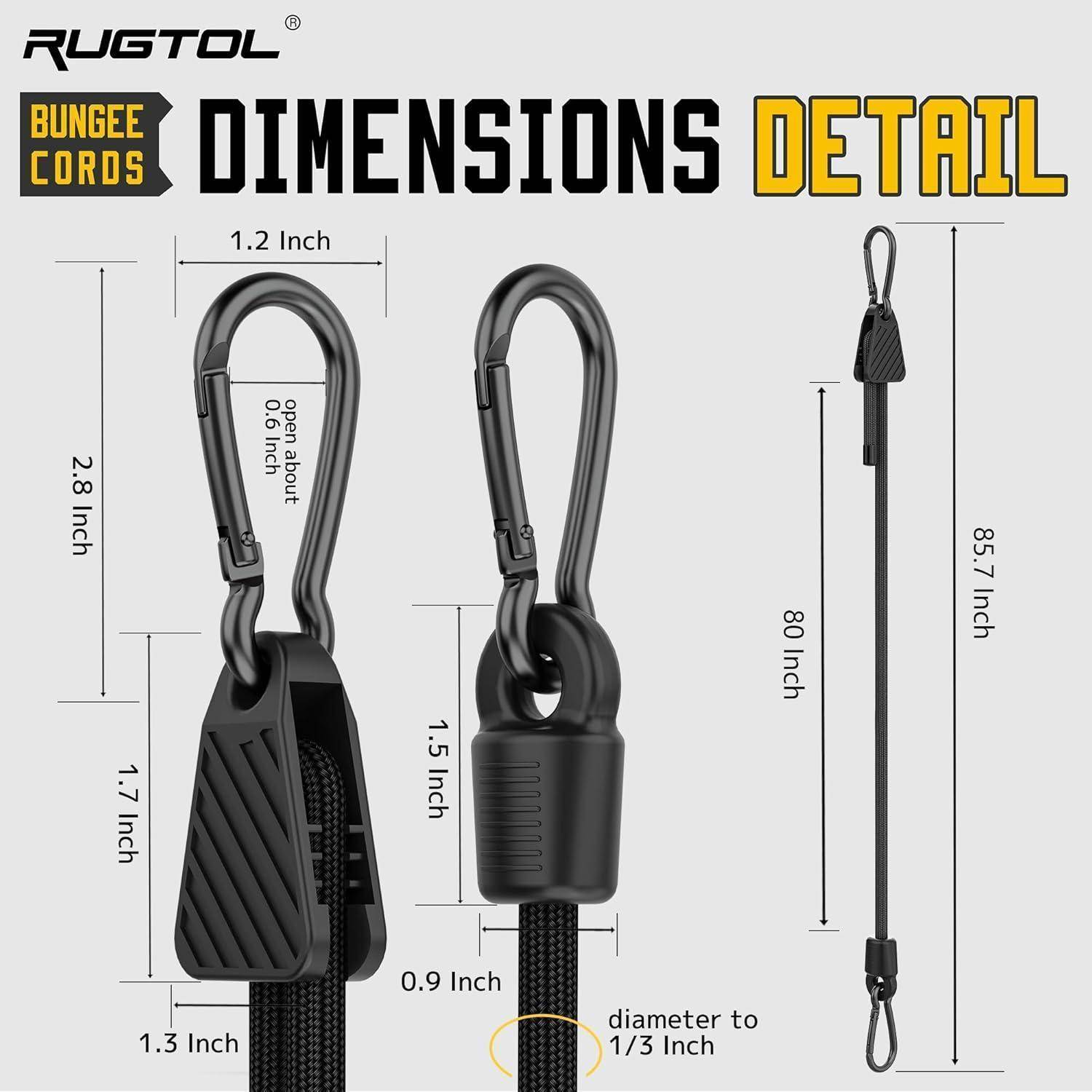 Dimensionsdetail-Grafik für Rugtol-Spanngurte mit Karabiner-, Haken- und Riemen-Abmessungen: 1,2 Zoll, 2,8 Zoll, 1,7 Zoll, 1,3 Zoll, 1,5 Zoll, 0,9 Zoll, 80 Zoll, 85,7 Zoll.