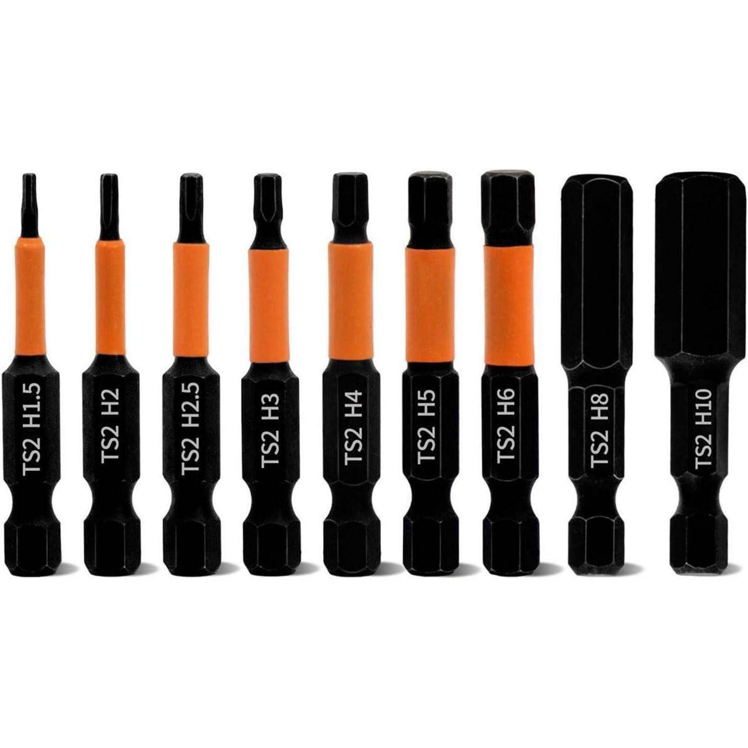 Satz von neun schwarz-orangefarbenen Schraubendreher-Bits mit den Beschriftungen TS2 H1.5, H2, H2.5, H3, H4, H5, H6, H8 und H10 auf weißem Hintergrund.