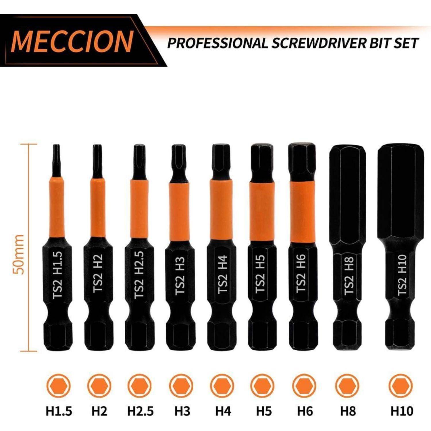 Meccion professionelles Schraubendreher-Bit-Set mit neun 50-mm-Torx-Bits, beschriftet mit H1,5 bis H10, in geordneter Anordnung auf weißem Hintergrund.