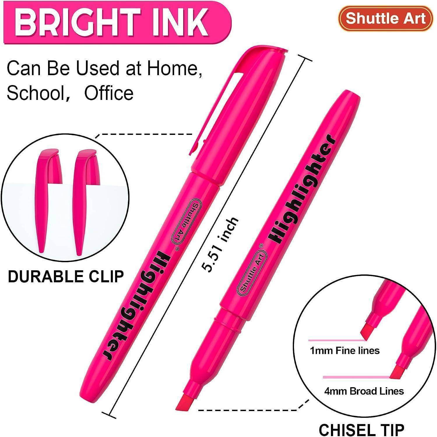Anzeige für rosa Textmarker mit breiter Spitze, zeigt einen 5,51 Zoll großen Meißel-Spitzenstift mit strapazierfähiger Klammer, verwendbar zu Hause, in der Schule oder im Büro, und zum Markieren von feinen und breiten Linien geeignet.