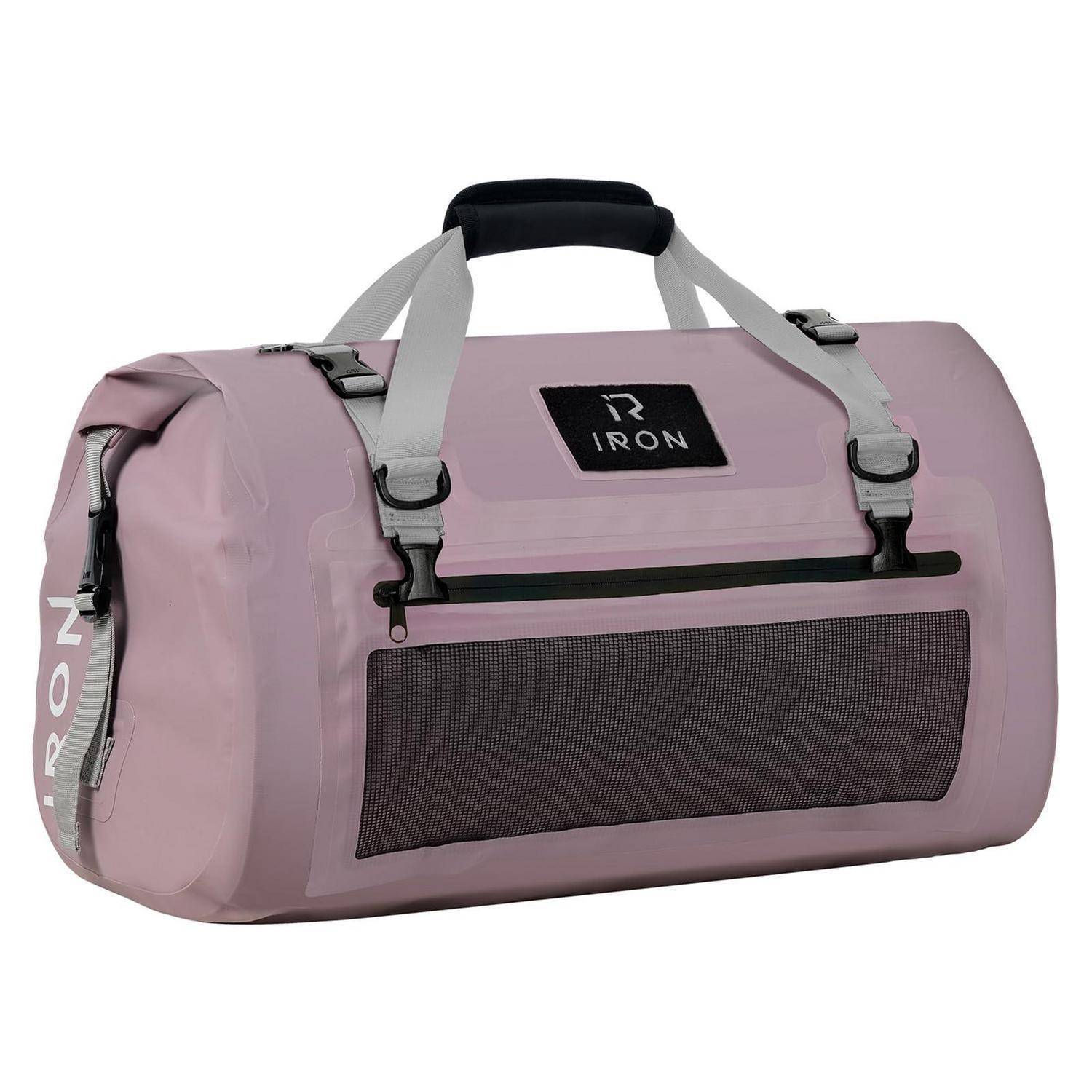 Rosa Reisetasche mit Schultergurten, Vordertasche aus Netzstoff und IRON-Logo, auf weißem Hintergrund dargestellt.