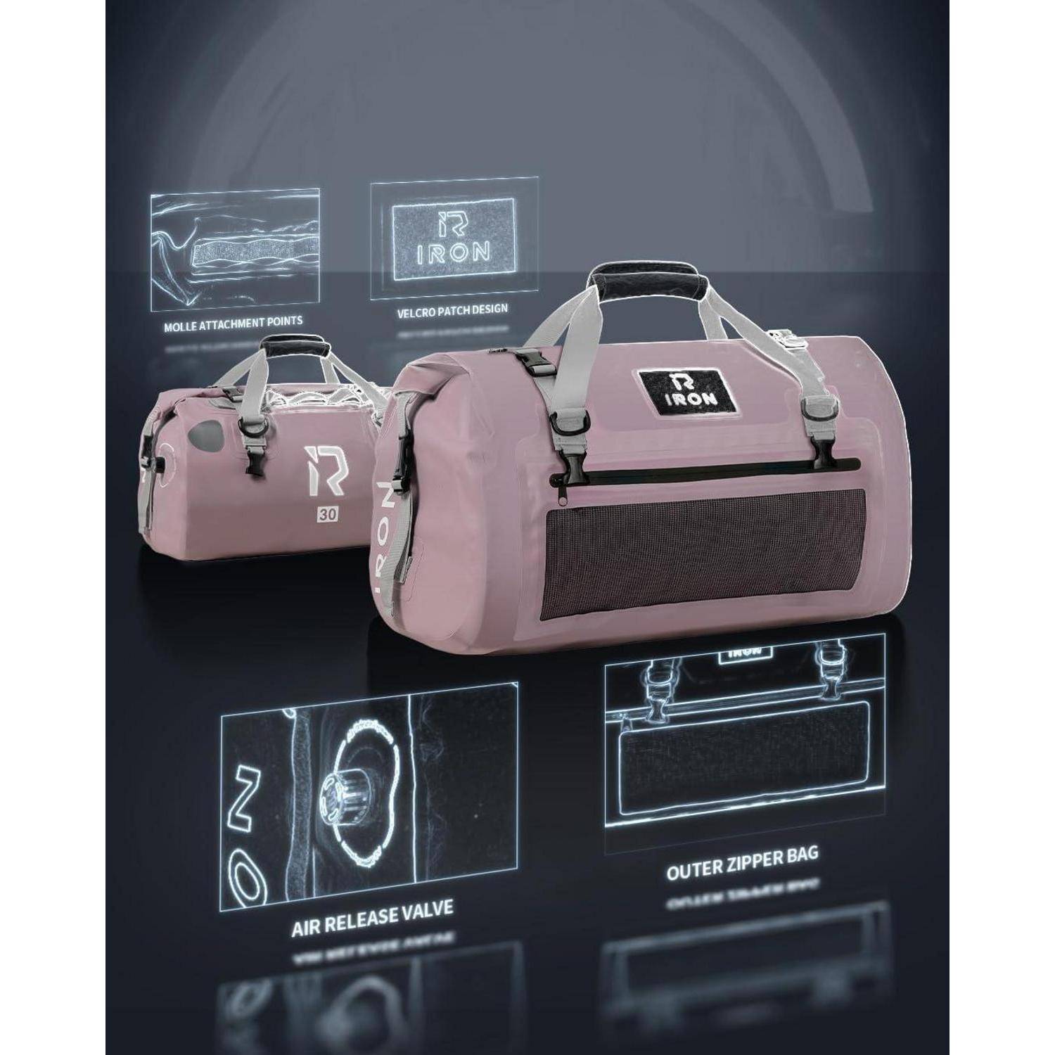 Rosa Reisetaschen mit „IRON"-Branding, mit Funktionserklärungen, die Befestigungspunkte, Klettverschluss-Design, Druckausgleichsventil und eine äußere Reißverschlusstasche hervorheben.
