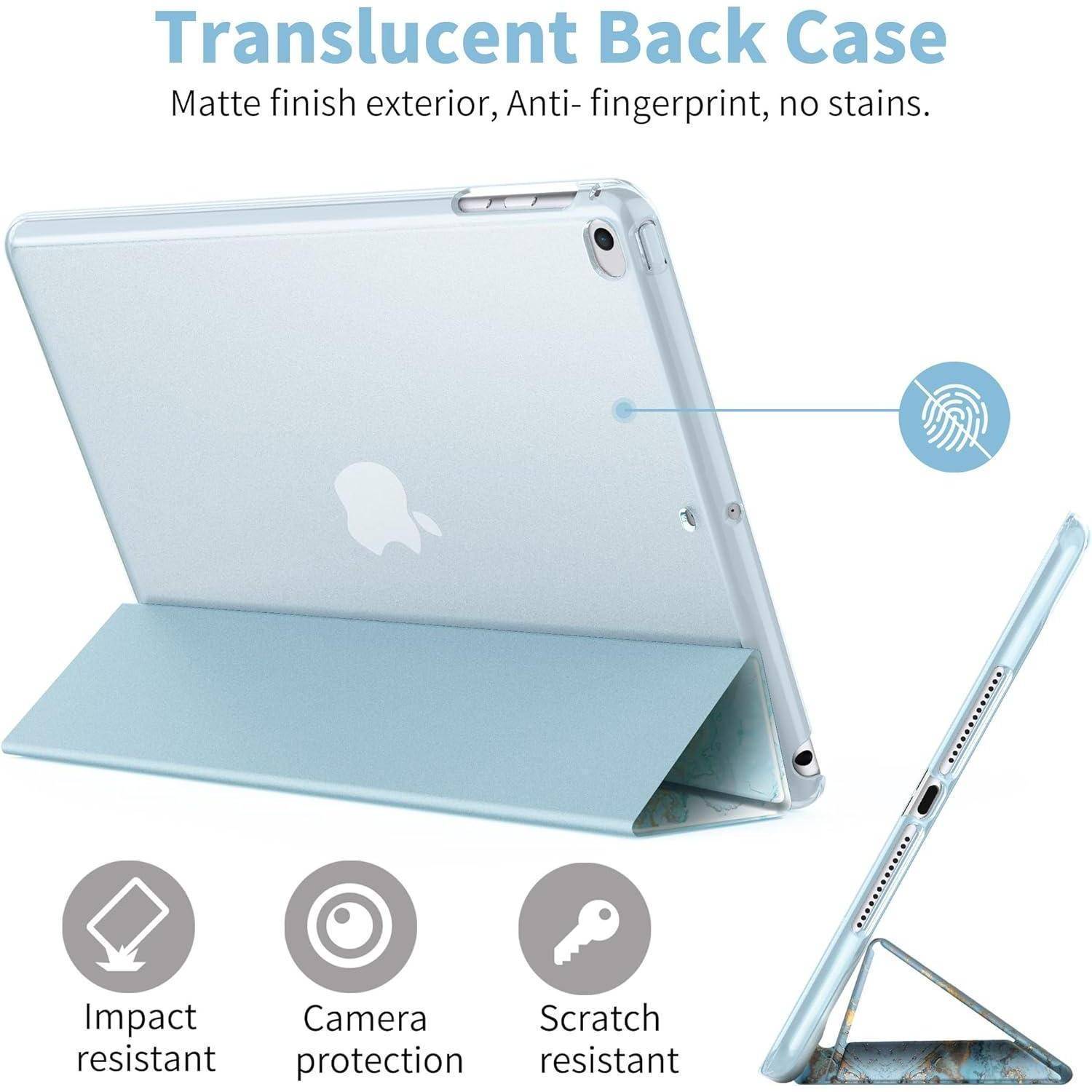 Transparente Rückseite für ein Tablet mit mattierter Oberfläche und Schutz vor Fingerabdrücken, mit Symbolen, die Stoßfestigkeit, Kameraschutz und Kratzfestigkeit hervorheben.