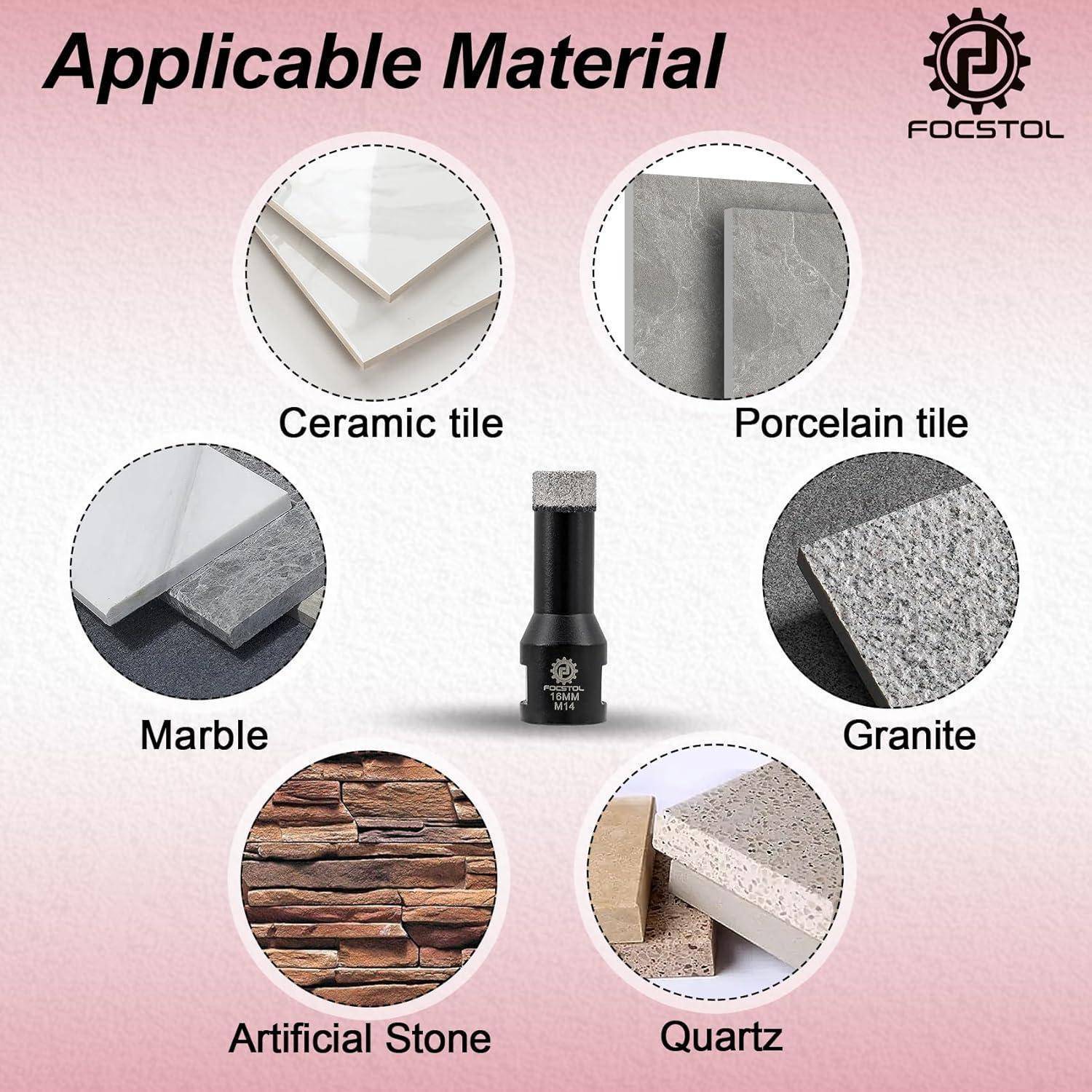 Infografik mit dem Titel „Anwendbares Material" zeigt einen Bohrer zum Schneiden von Keramikfliesen, Porzellanfliesen, Marmor, Granit, Kunststein und Quarz.