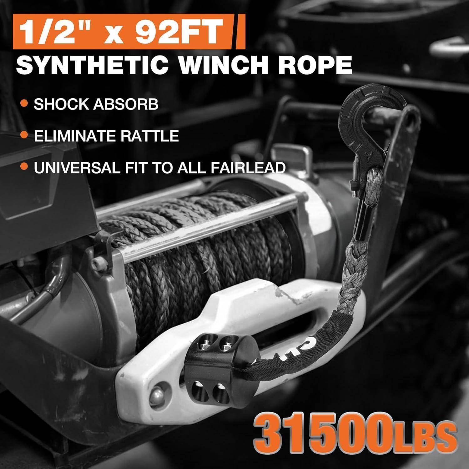Anzeige für synthetisches Winschtau mit einem 1/2 Zoll x 92 ft Seil auf einem Winsch mit folgenden Aussagen: Schockabsorption, Klappern beseitigen, universelle Passung für alle Führungsrollen, 31500 lbs.