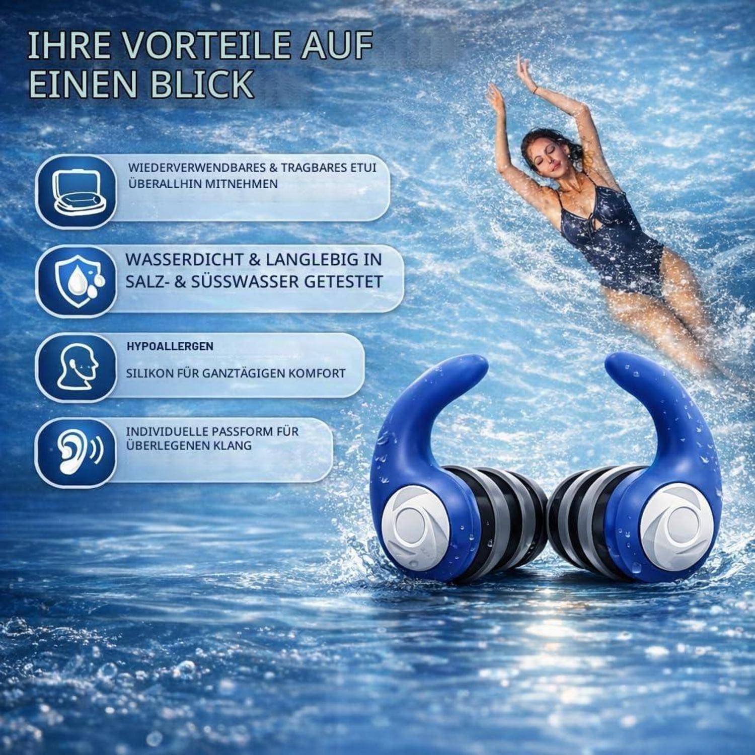 Schwimm Ohrstöpsel für Erwachsene mit Schnur,3 Paar Ohrenstopsel Schwimmen | wasserdichte wiederverwendbare Silikon Ohrstöpsel zum Schwimmen, Surfe