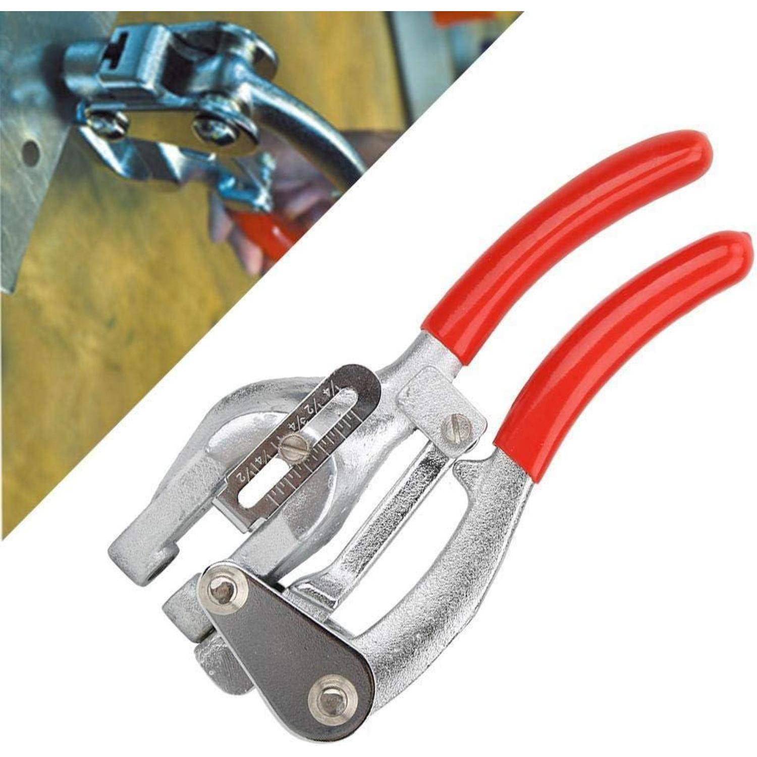 Rot beschlagene Schlauchschellenzange auf weißem Hintergrund, mit einer kleinen Abbildung, die die Anwendung auf einer Metallschlauchschelle demonstriert.