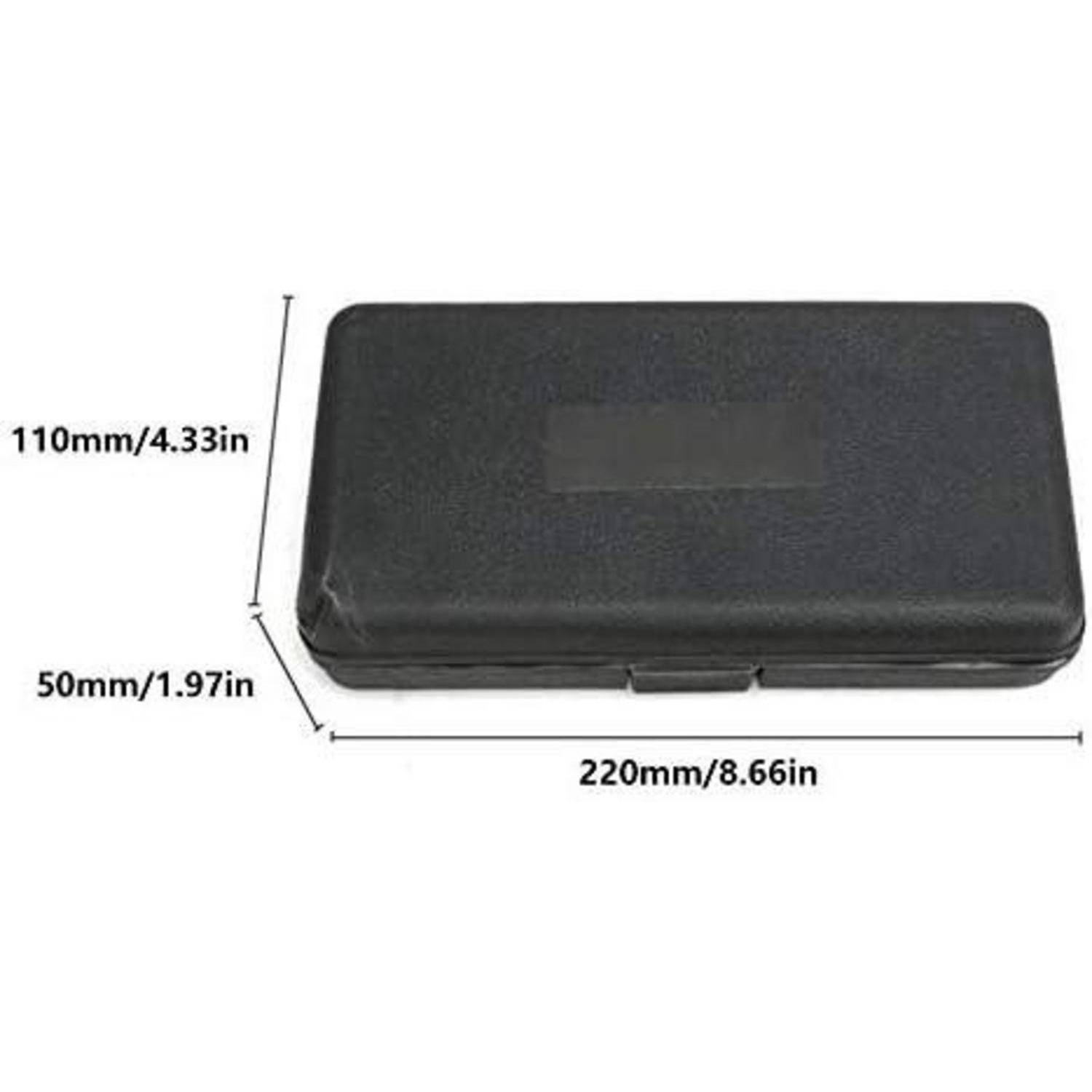 Schwarzer rechteckiger Koffer mit beschrifteten Abmessungen von 220 mm x 110 mm x 50 mm.