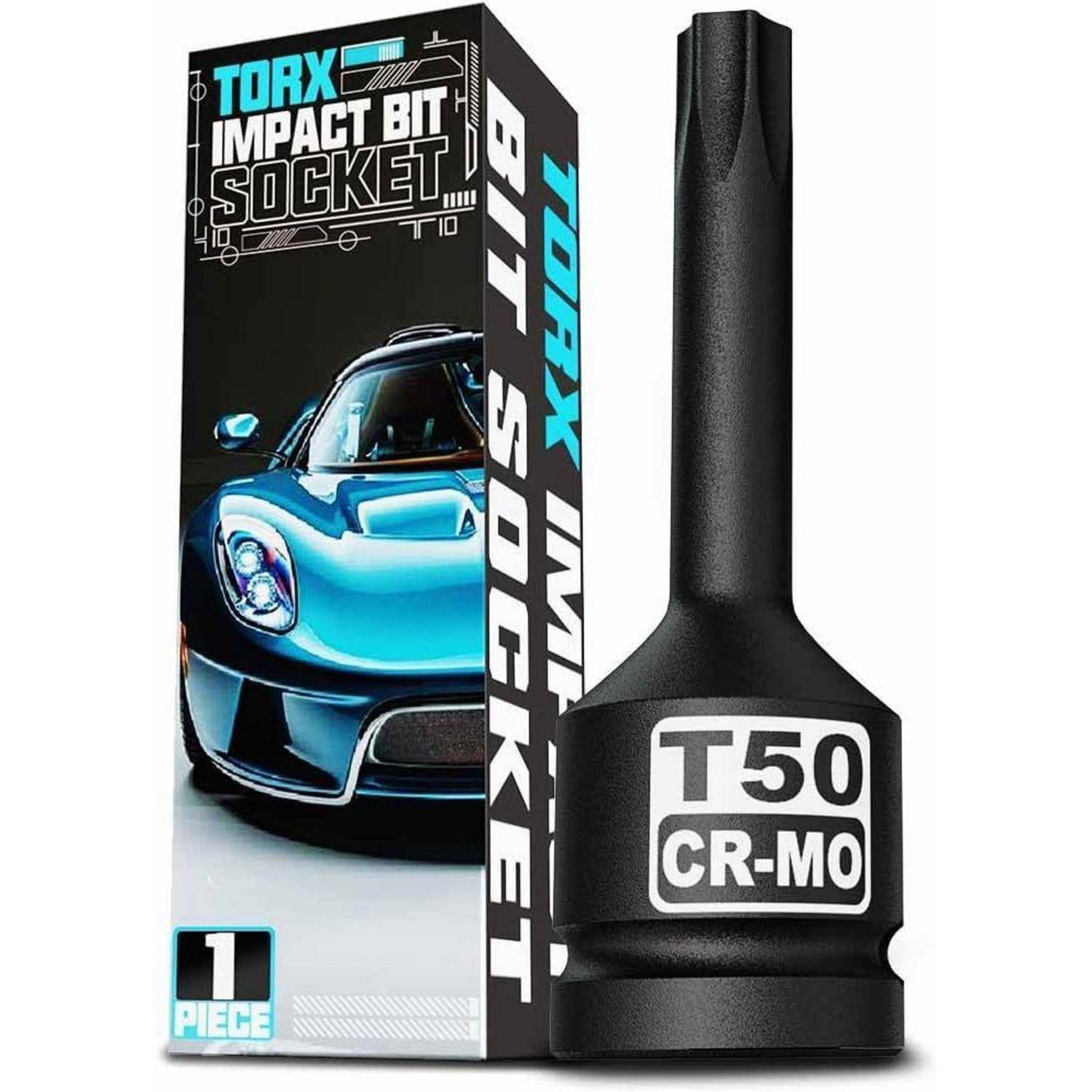 Ein T50 CR-MO Torx Schlagschraubereinsatz, daneben seine schwarze Produktbox mit Sportwagenabbildung und der Bezeichnung „1 STÜCK