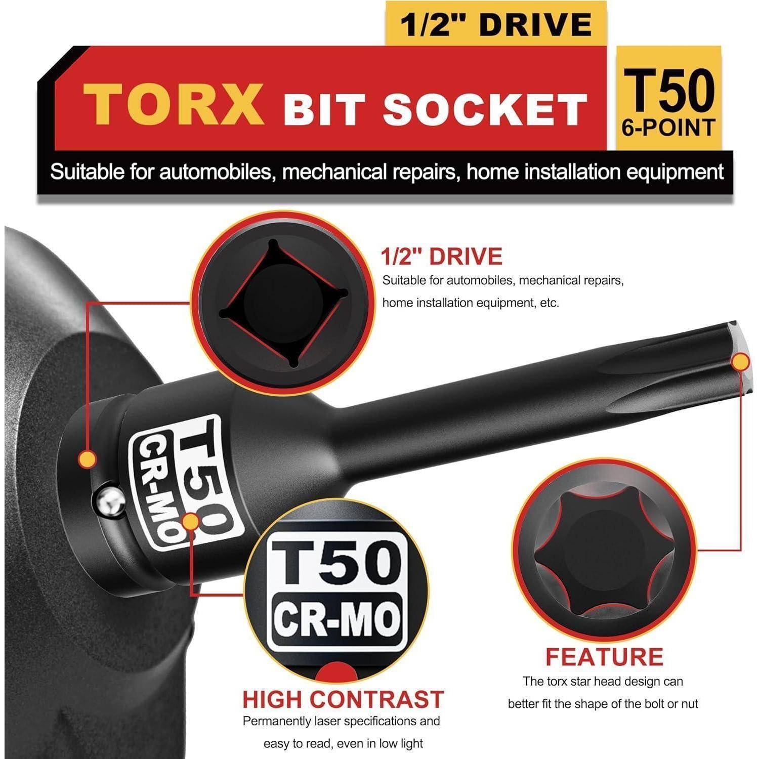Produktgrafik einer 1/2-Zoll-Antrieb T50 6-Punkt-Torx-Bit-Nuss, die das Werkzeug, die Nussenkopfform und Beschriftungen für hohen Kontrast und Funktionsdetails zeigt.