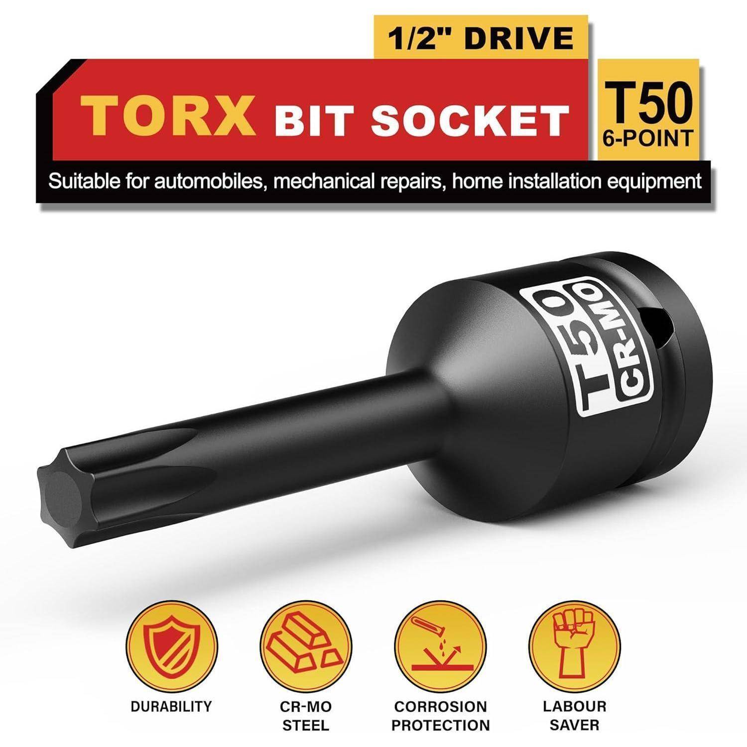 Produktbild einer 1/2-Zoll-Antrieb T50 6-Punkt-Torx-Bit-Stecknuss, mit Beschriftungen für Haltbarkeit, CR-MO-Stahl, Korrosionsbeständigkeit und Arbeitszeitersparnisse.