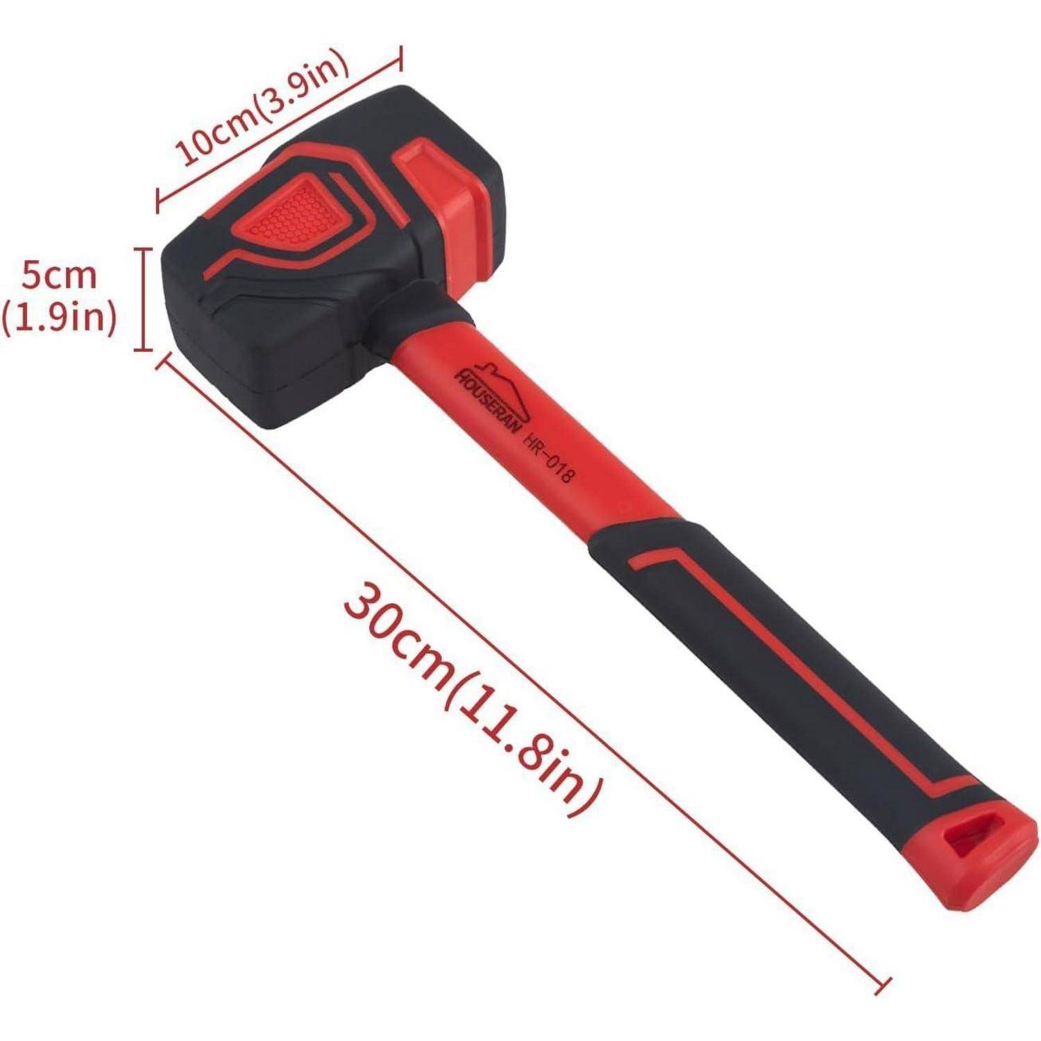 Roter und schwarzer Gummihammer, shown on white background mit Größenangaben: 30 cm Länge, 10 cm Kopflänge, 5 cm Kopfhöhe.