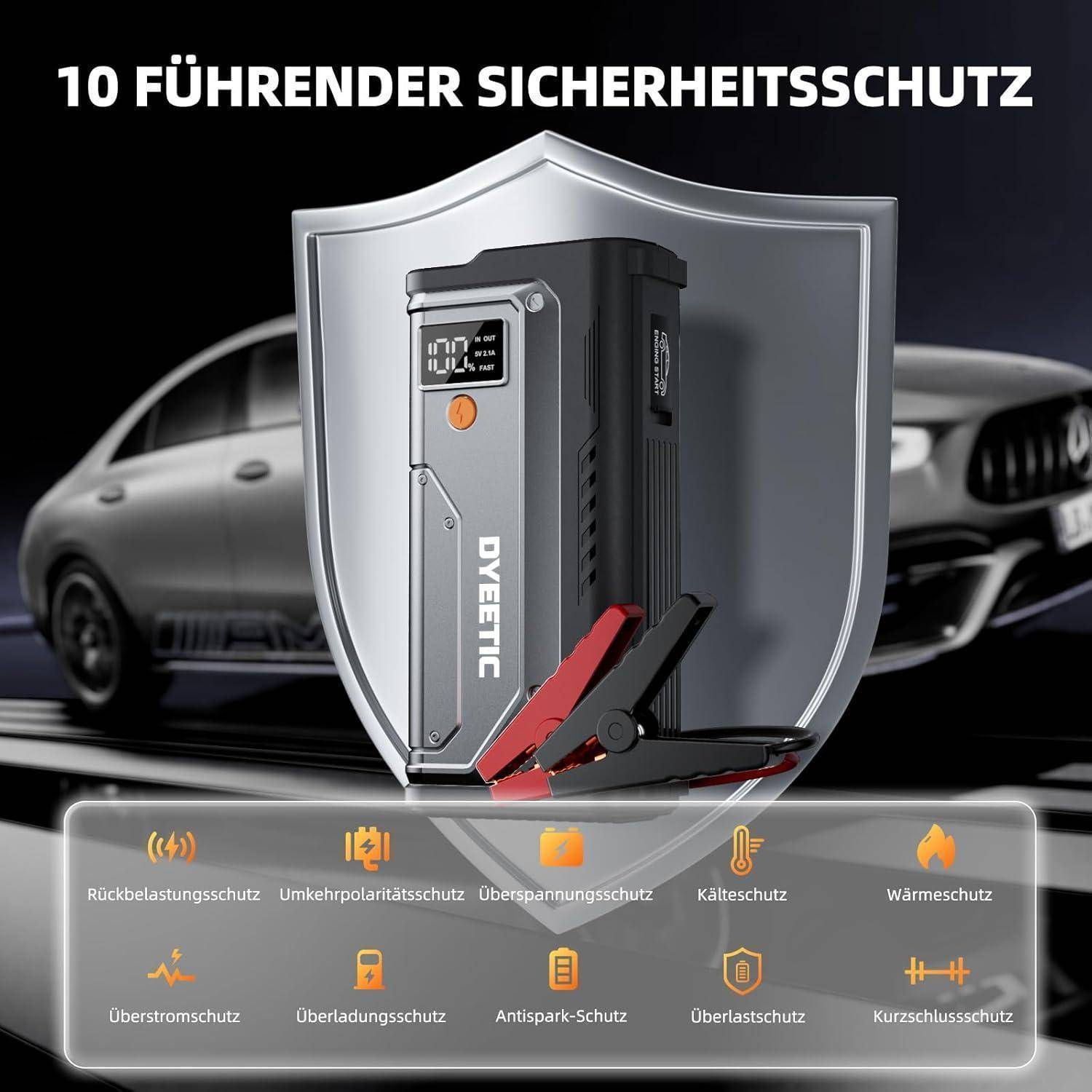 Werbe-Grafik eines DEXETIC-Autobatterie-Starthilfegeräts in einem Schild, mit der Aufschrift „10 führender Sicherheitsschutz