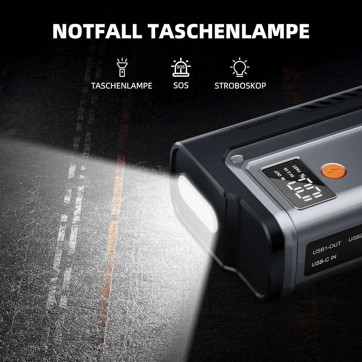 Notfall-Taschenlampe mit SOS- und Stroboskopmodi, die eine dunkle Straße beleuchtet; der Text lautet „NOTFALL TASCHENLAMPE