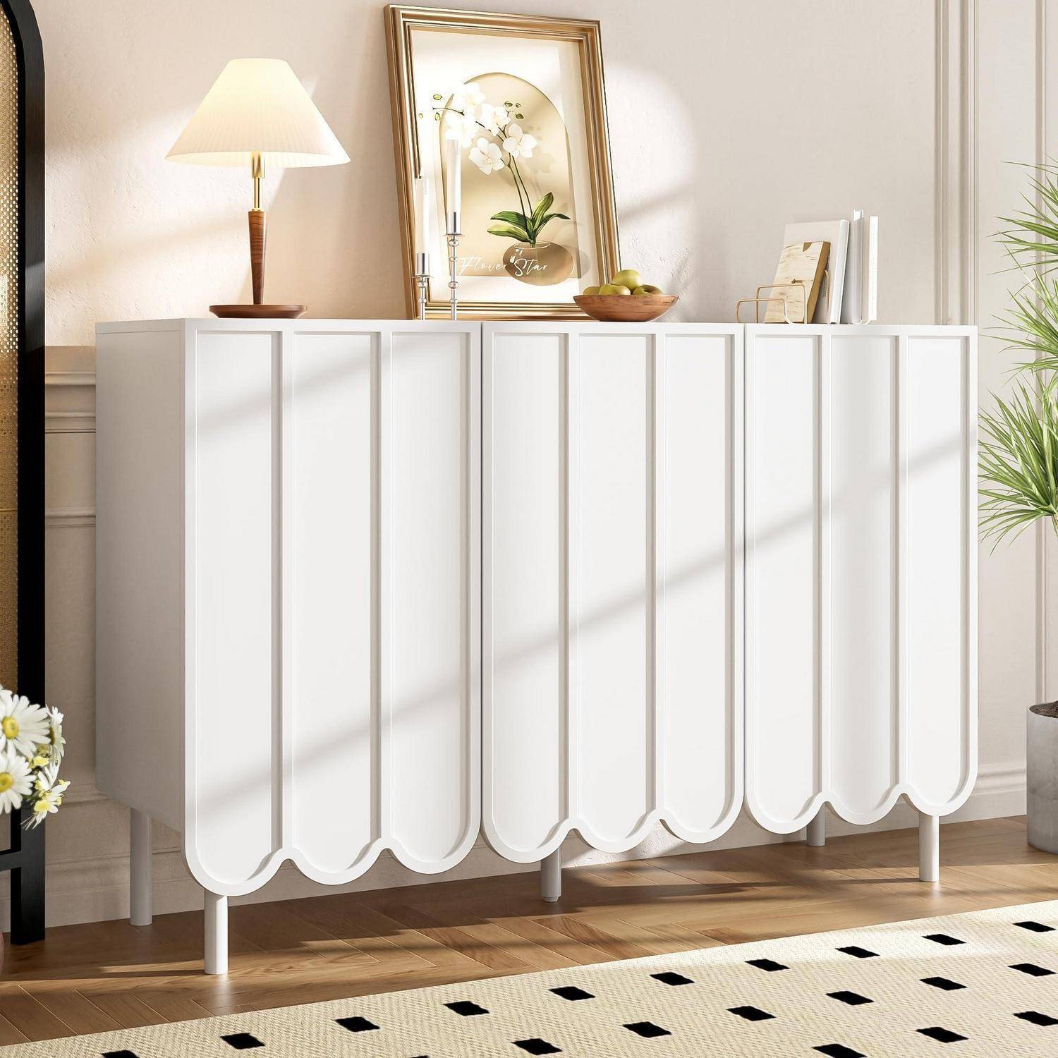 Sideboard mit Wellentüren, Kommode mit 3 Türen, Buffetschrank mit Verstellbare Regale, Anrichte, Schrank für Wohnzimmer, Schlafzimmer, Flur, Büro(