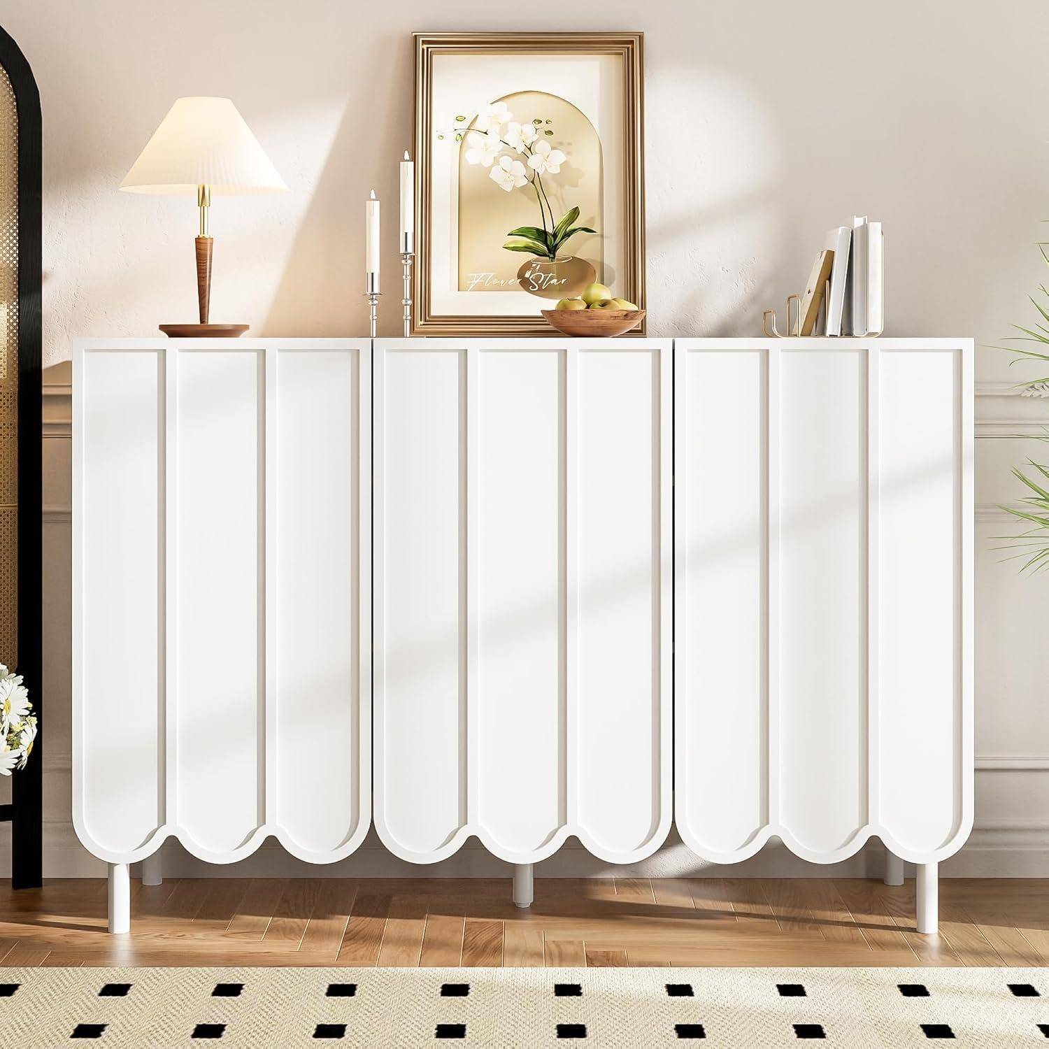 Sideboard mit Wellentüren, Kommode mit 3 Türen, Buffetschrank mit Verstellbare Regale, Anrichte, Schrank für Wohnzimmer, Schlafzimmer, Flur, Büro(