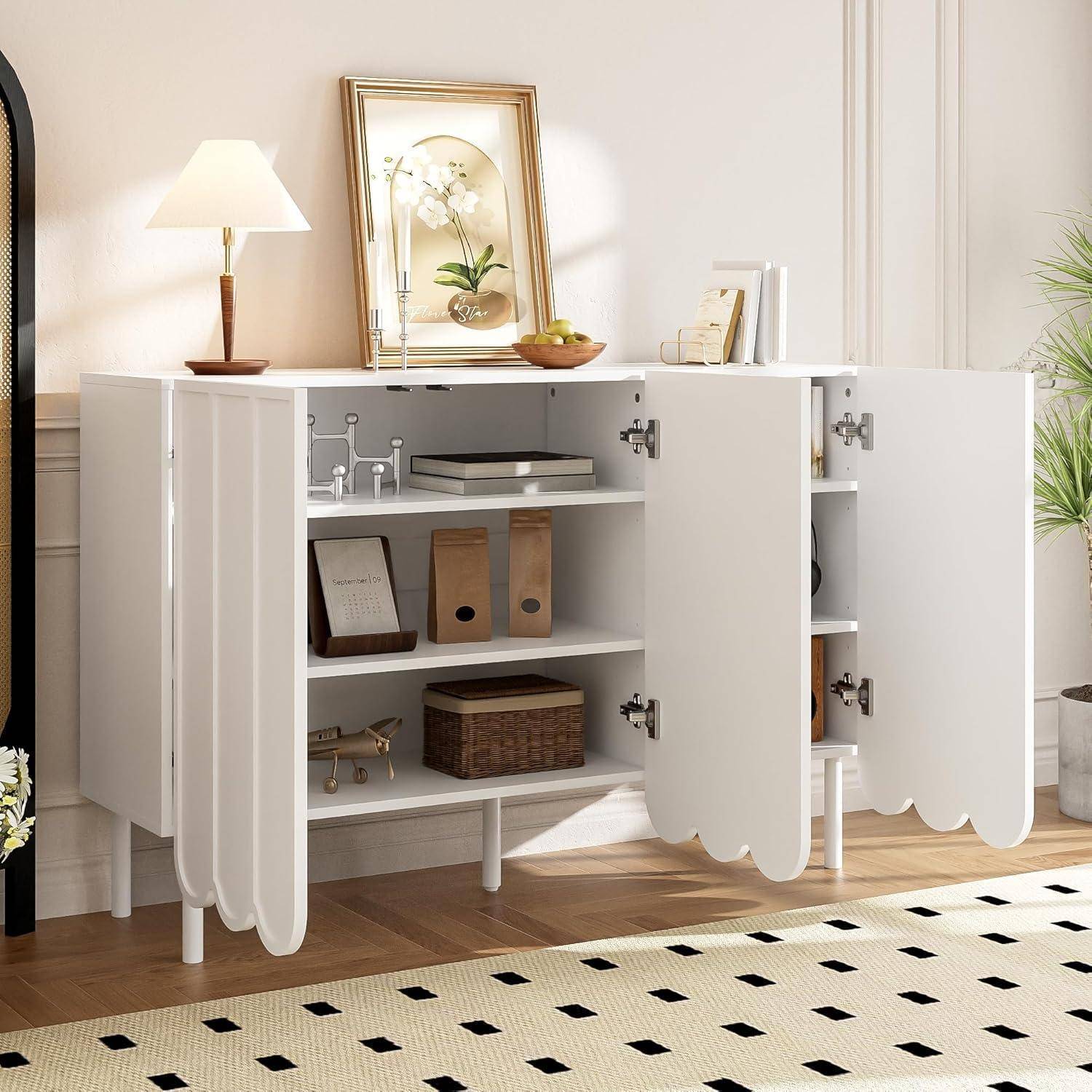 Sideboard mit Wellentüren, Kommode mit 3 Türen, Buffetschrank mit Verstellbare Regale, Anrichte, Schrank für Wohnzimmer, Schlafzimmer, Flur, Büro(