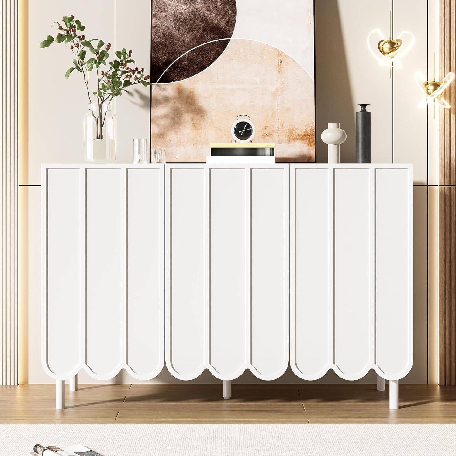 Sideboard mit Wellentüren, Kommode mit 3 Türen, Buffetschrank mit Verstellbare Regale, Anrichte, Schrank für Wohnzimmer, Schlafzimmer, Flur, Büro(