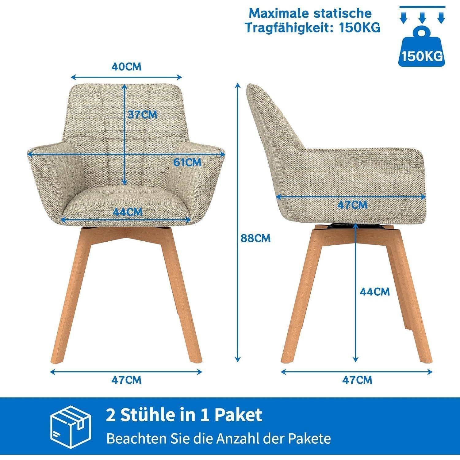 Abgebildete Stuhlmaße und Gewichtsbeschränkung: beiger gepolsterter Stuhl auf Holzbeinen, 88 cm hoch, 47 cm breit, 61 cm Sitzbreite, maximale statische Last 150 kg; wird als 2 Stühle in 1 Paket verkauft.