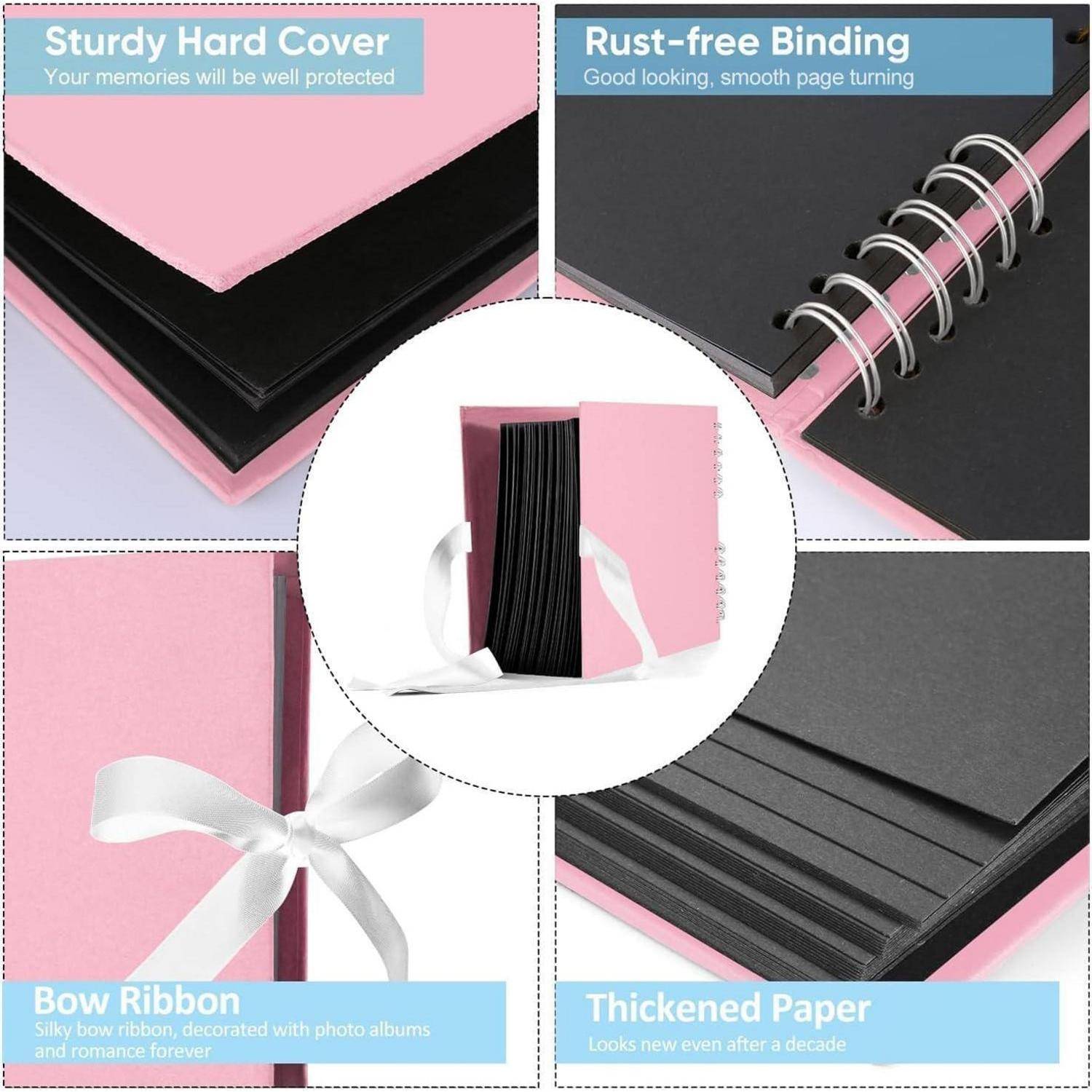 Collage eines rosa Notizbuchs/Albums mit verstärktem Hardcover, rostfreiem Spiralbindung, Schleifenverschluss und verstärktem Papier.