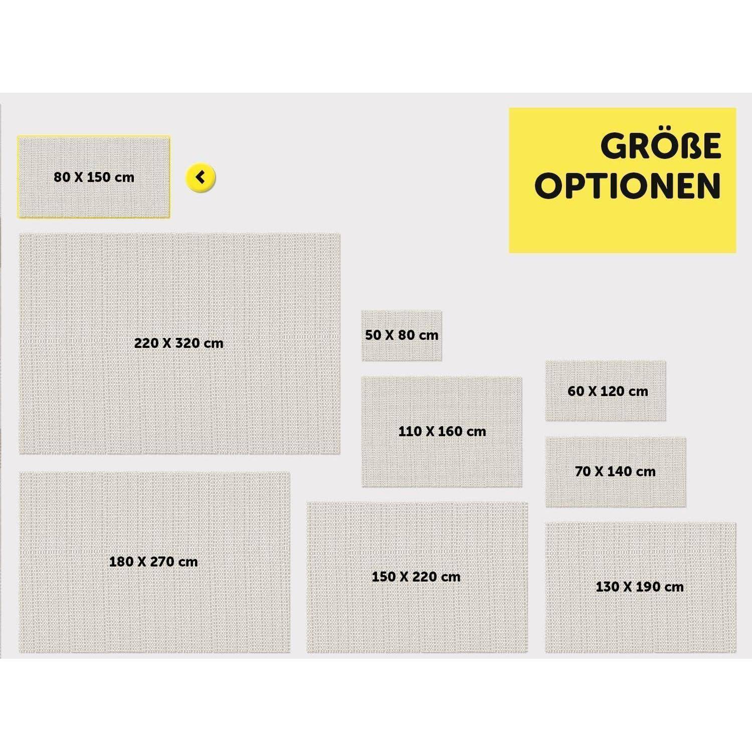 Grafik mit Größenoptionen in Zentimetern für einen gewebten Teppich, mit beschrifteten Rechtecken: 80 x 150, 50 x 80, 60 x 120, 70 x 140, 110 x 160, 130 x 190, 150 x 220, 180 x 270 und 220 x 320.