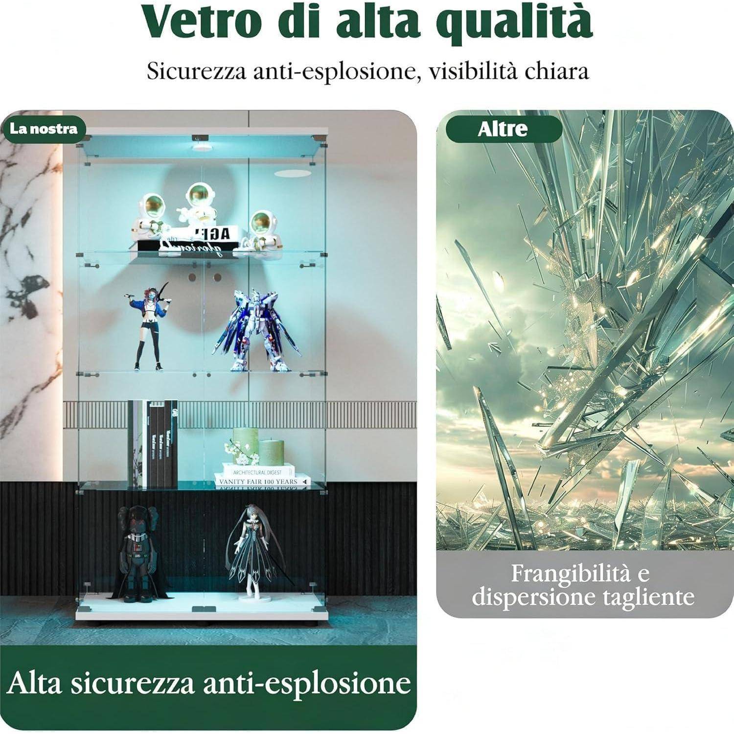 Anzeigenbild, das unser hochwertiges explosionssicheres Glas mit anderen vergleicht: Links zeigt ein intaktes Display hinter klarem Glas, rechts zeigen zersplittertes, gefährliches Glassplitter.