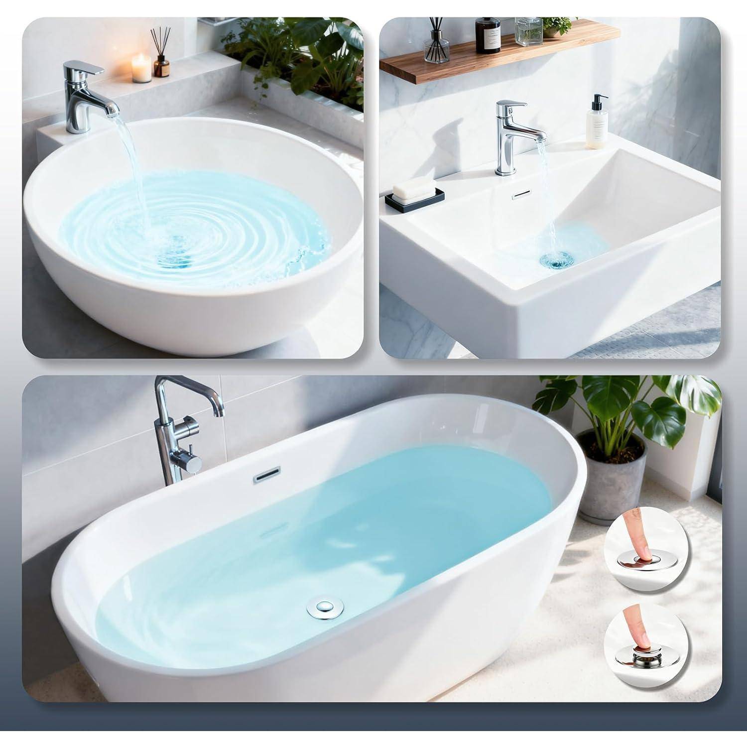 Collage aus drei weißen modernen Badezimmerbecken und einer Badewanne, jeweils gefüllt mit wirbelndem blauen Wasser, um Abflussfluss und Beckenform zu zeigen.
