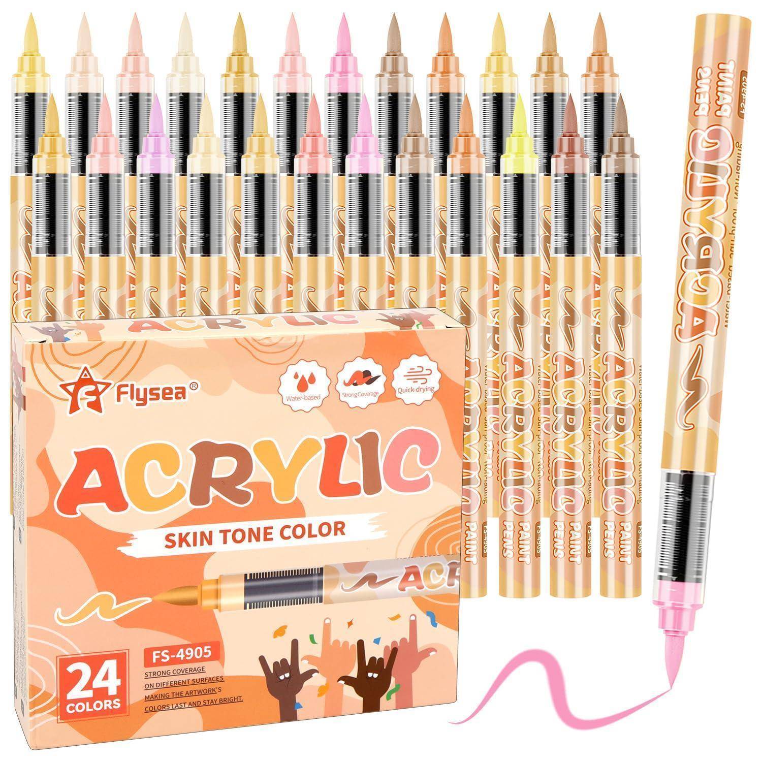 Set von Flysea Acrylmarkern in Hauttonfarben, 24er-Pack, gezeigt mit Verpackung und einem rosa Marker, der eine Linie zeichnet.