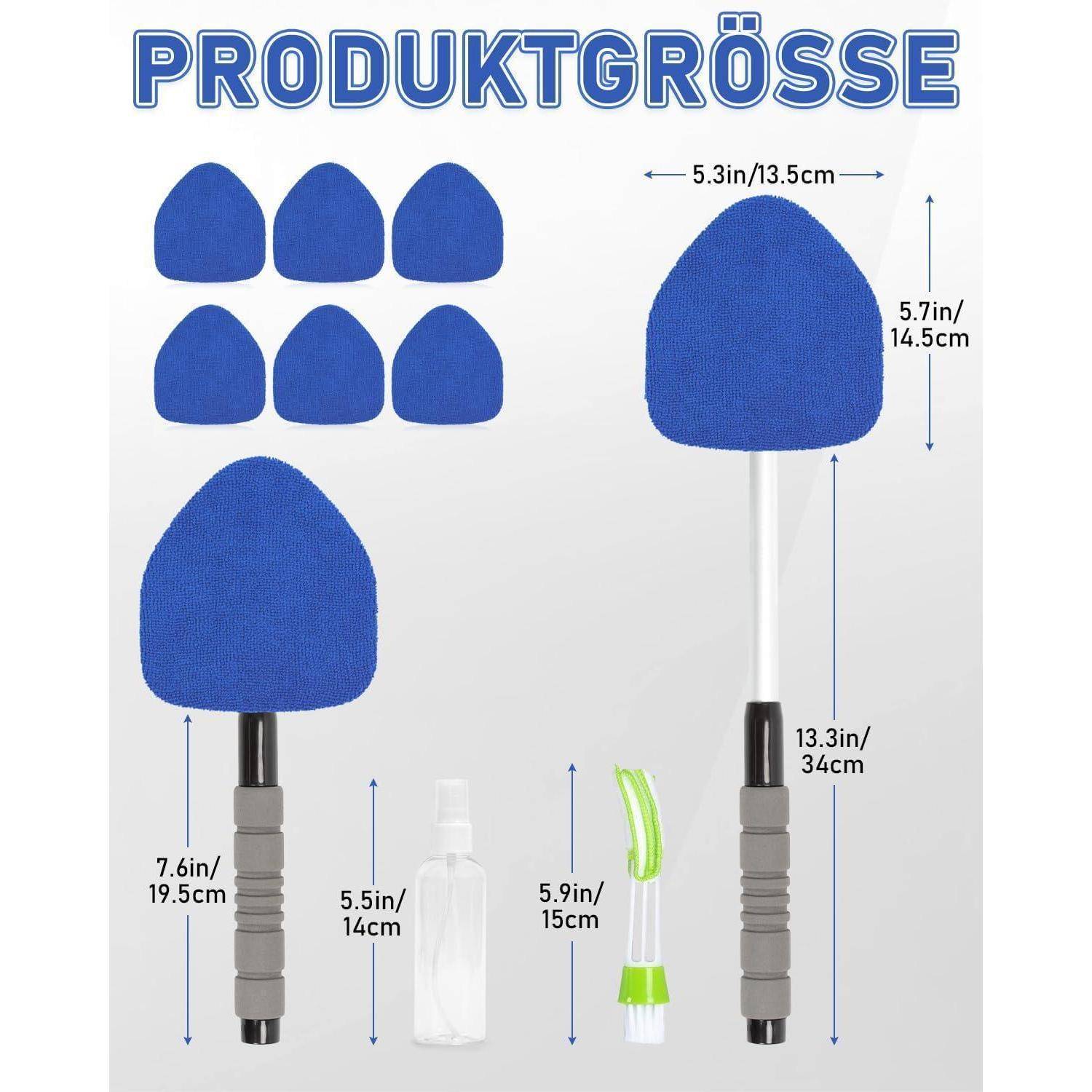 Produktgrößendiagramm mit blauen Schwammmopp-Köpfen in zwei Größen, mit Abmessungen: Kopf 5,3 x 5,7 Zoll, Mopphöhe 13,3 Zoll, größerer Kopf 7,6 Zoll hoch, sowie kleine Flasche und Bürste als Größenvergleich.